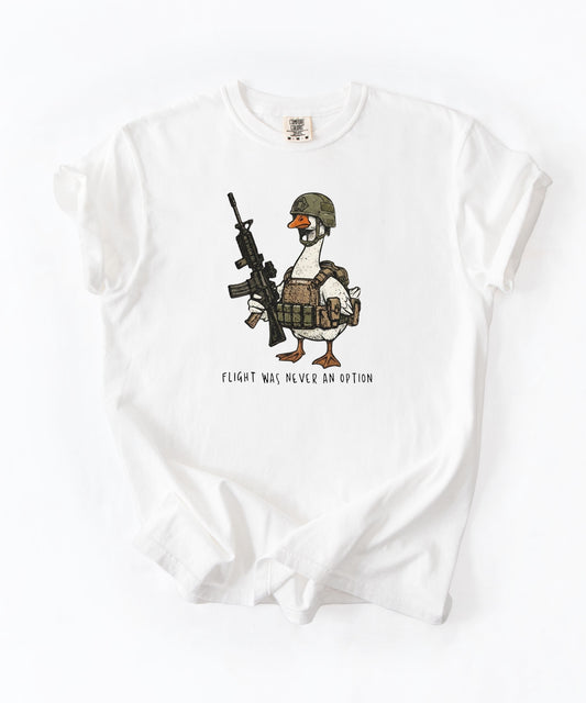 White garment-dyed unisex tactical goose graphic tee — Flight Was Never an Option silly goose shirt