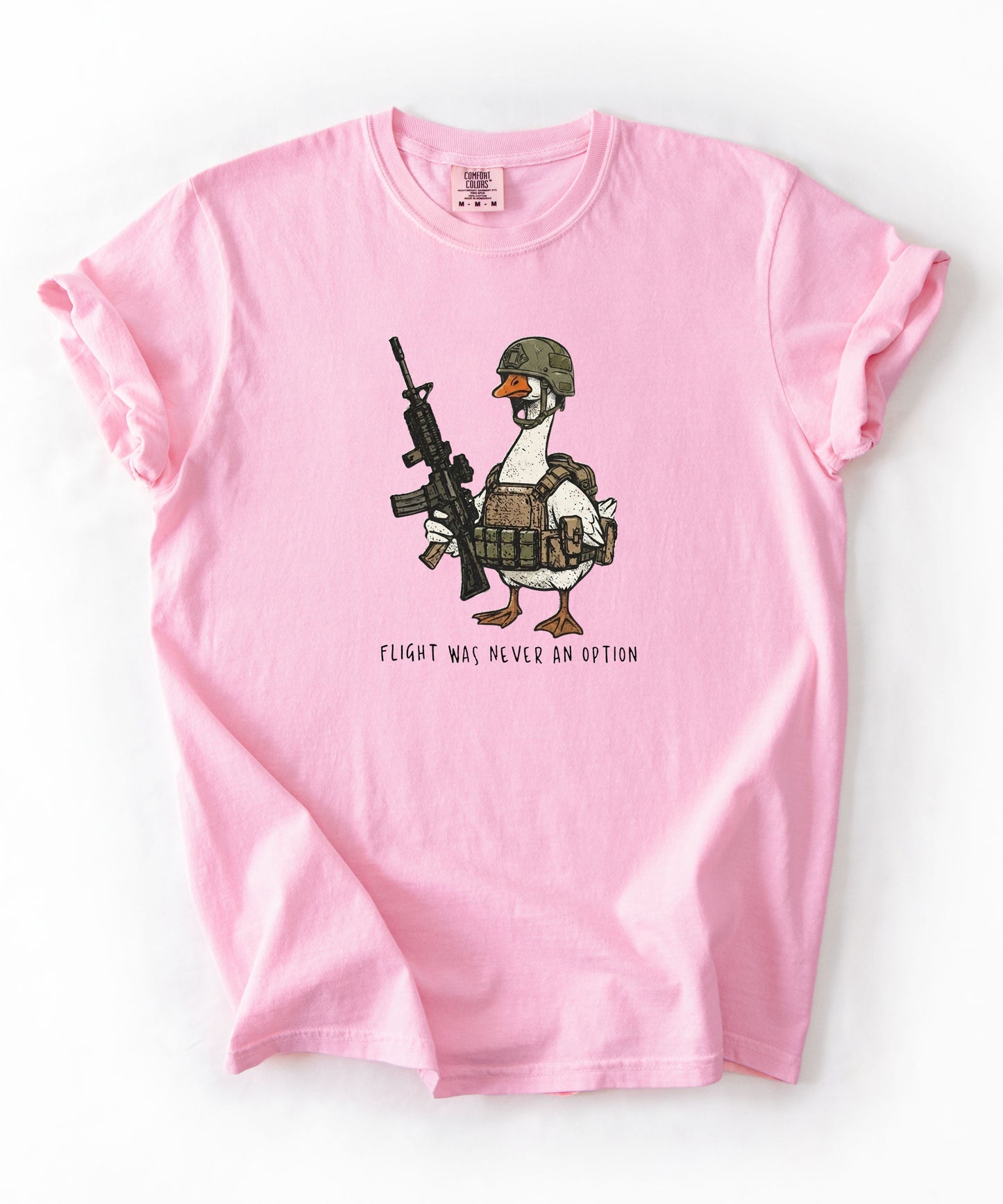 Blossom garment-dyed unisex tactical goose graphic tee — Flight Was Never an Option silly goose shirt