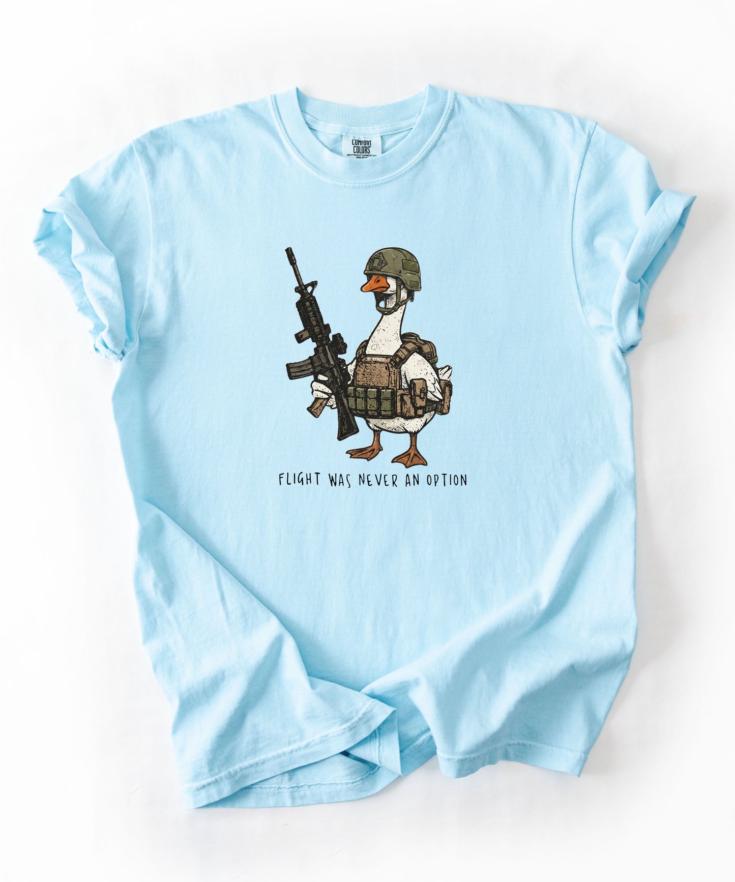 Chambray garment-dyed unisex tactical goose graphic tee — Flight Was Never an Option silly goose shirt