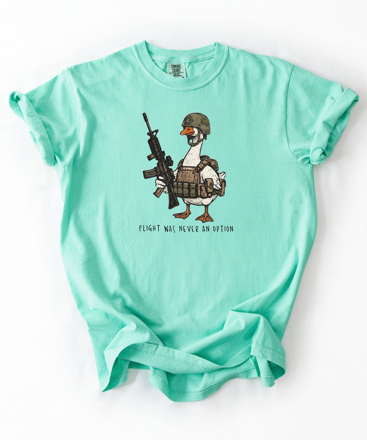Island Reef garment-dyed unisex tactical goose graphic tee — Flight Was Never an Option silly goose shirt