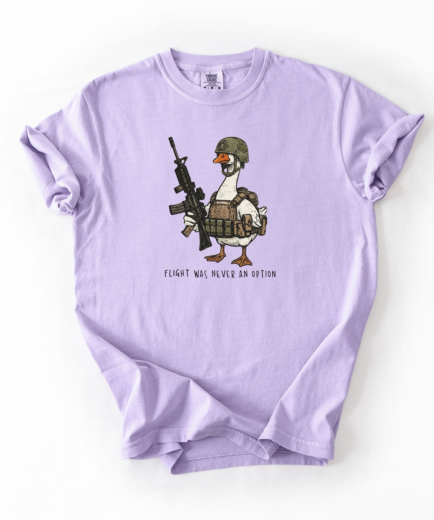 Orchid garment-dyed unisex tactical goose graphic tee — Flight Was Never an Option silly goose shirt