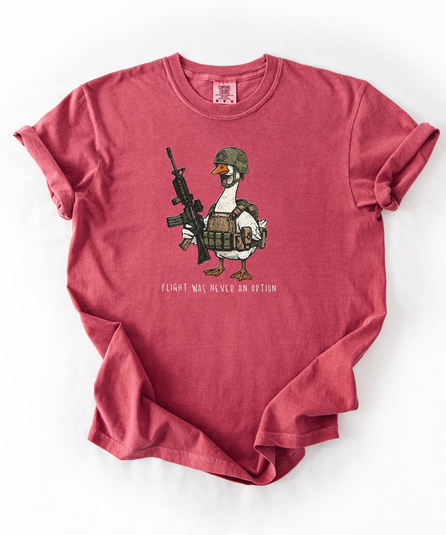Crimson garment-dyed unisex tactical goose graphic tee — Flight Was Never an Option silly goose shirt