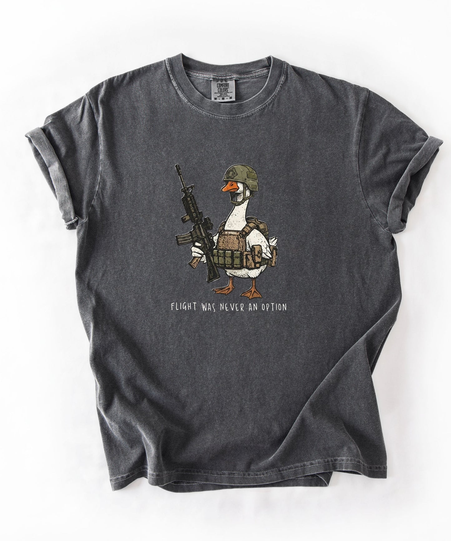 Pepper garment-dyed unisex tactical goose graphic tee — Flight Was Never an Option silly goose shirt