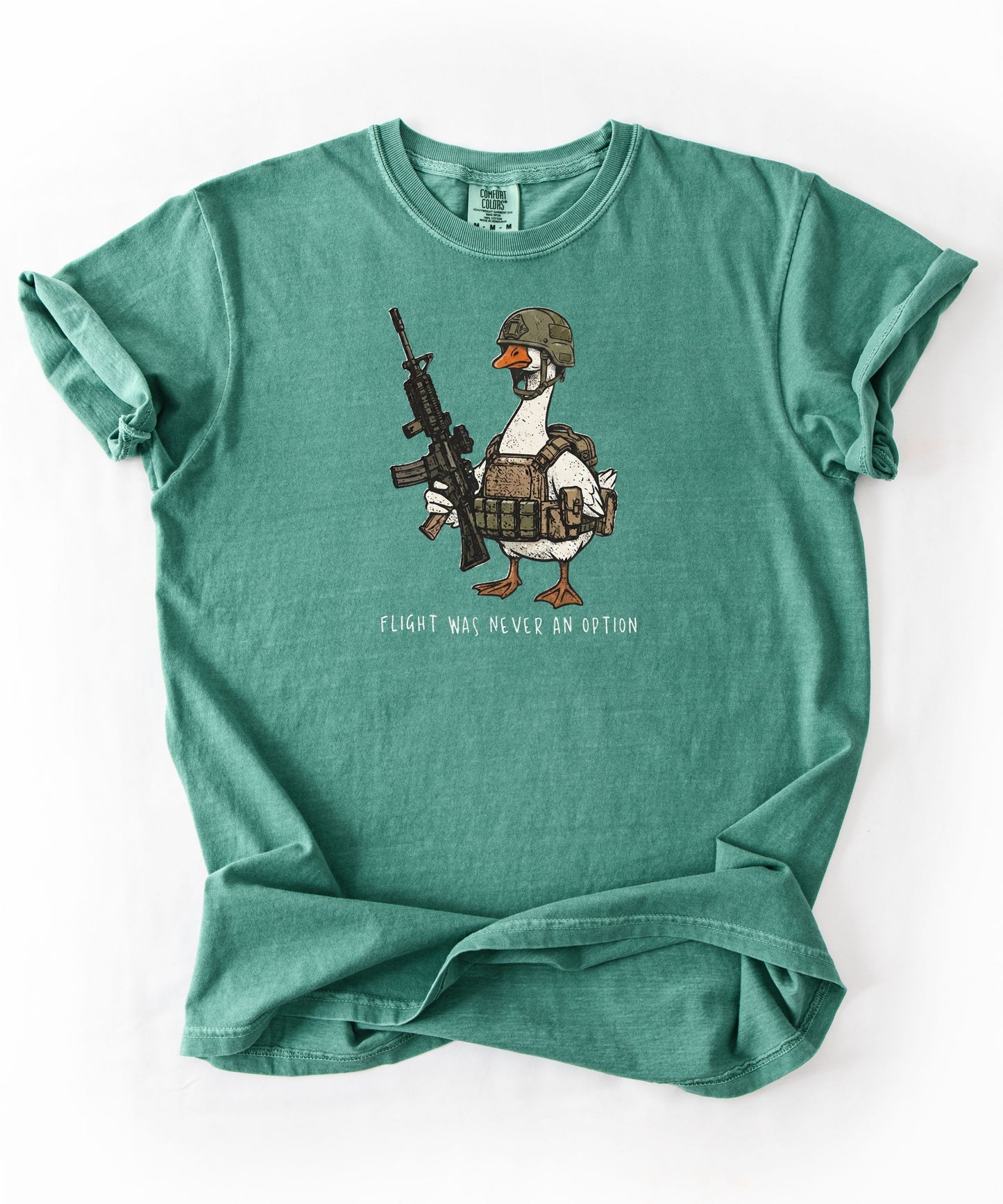 Light Green garment-dyed unisex tactical goose graphic tee — Flight Was Never an Option silly goose shirt