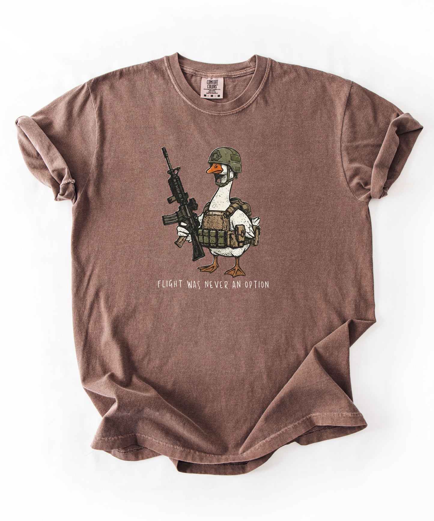 Espresso garment-dyed unisex tactical goose graphic tee — Flight Was Never an Option silly goose shirt