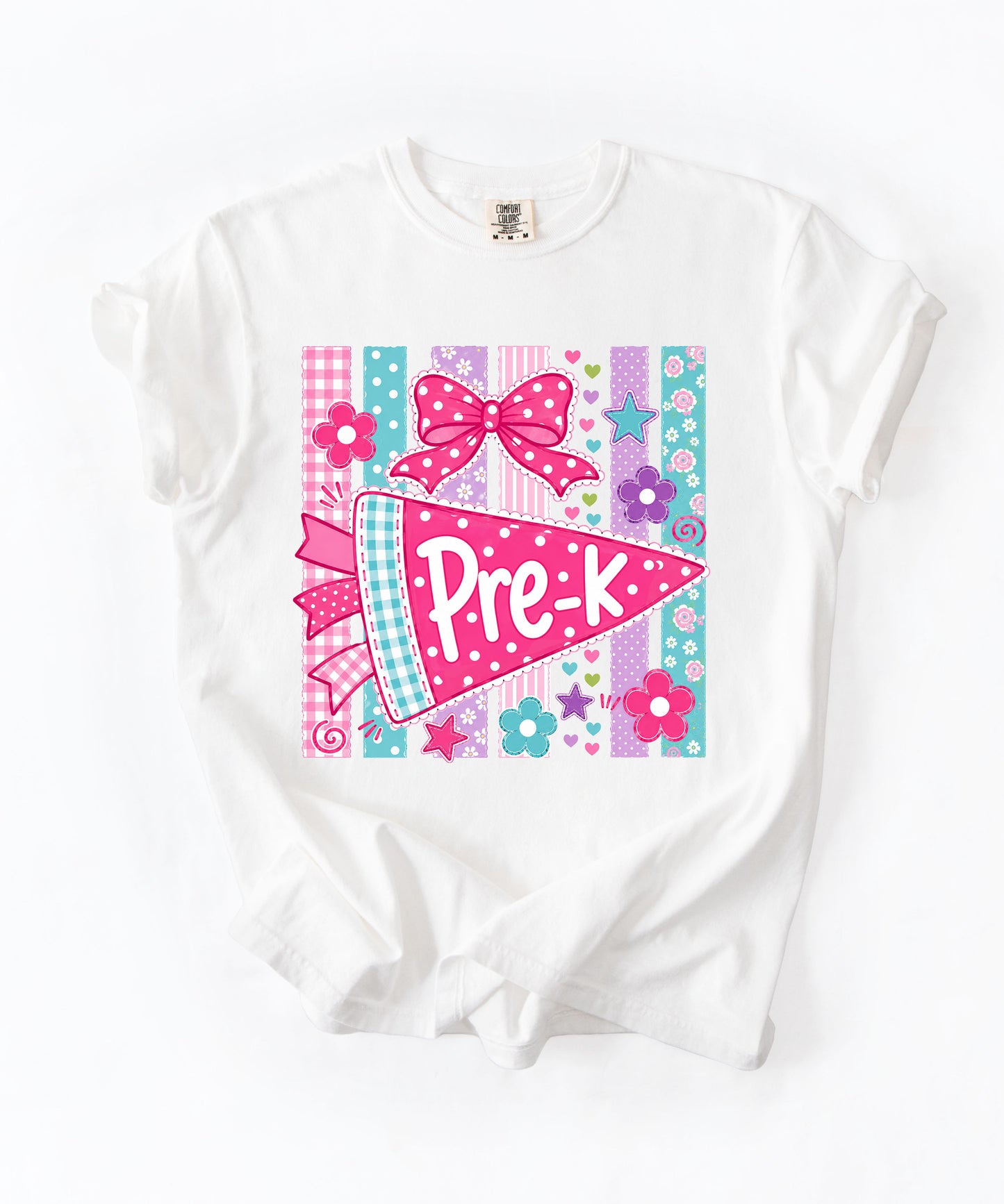 Pre-K Pennant Tee in White— garment-dyed preschool teacher shirt with pink pennant graphic