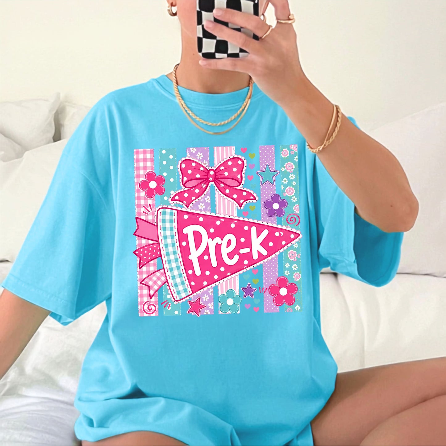 Pre-K Pennant Tee in Lagoon Blue — garment-dyed preschool teacher shirt with pink pennant graphic