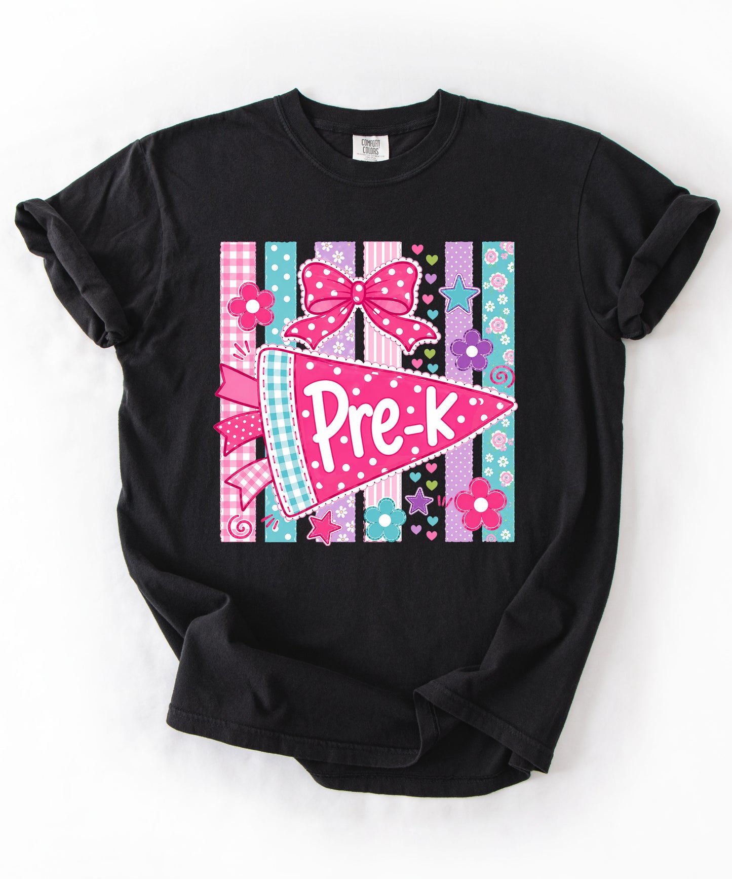 Pre-K Pennant Tee in Black — garment-dyed preschool teacher shirt with pink pennant graphic