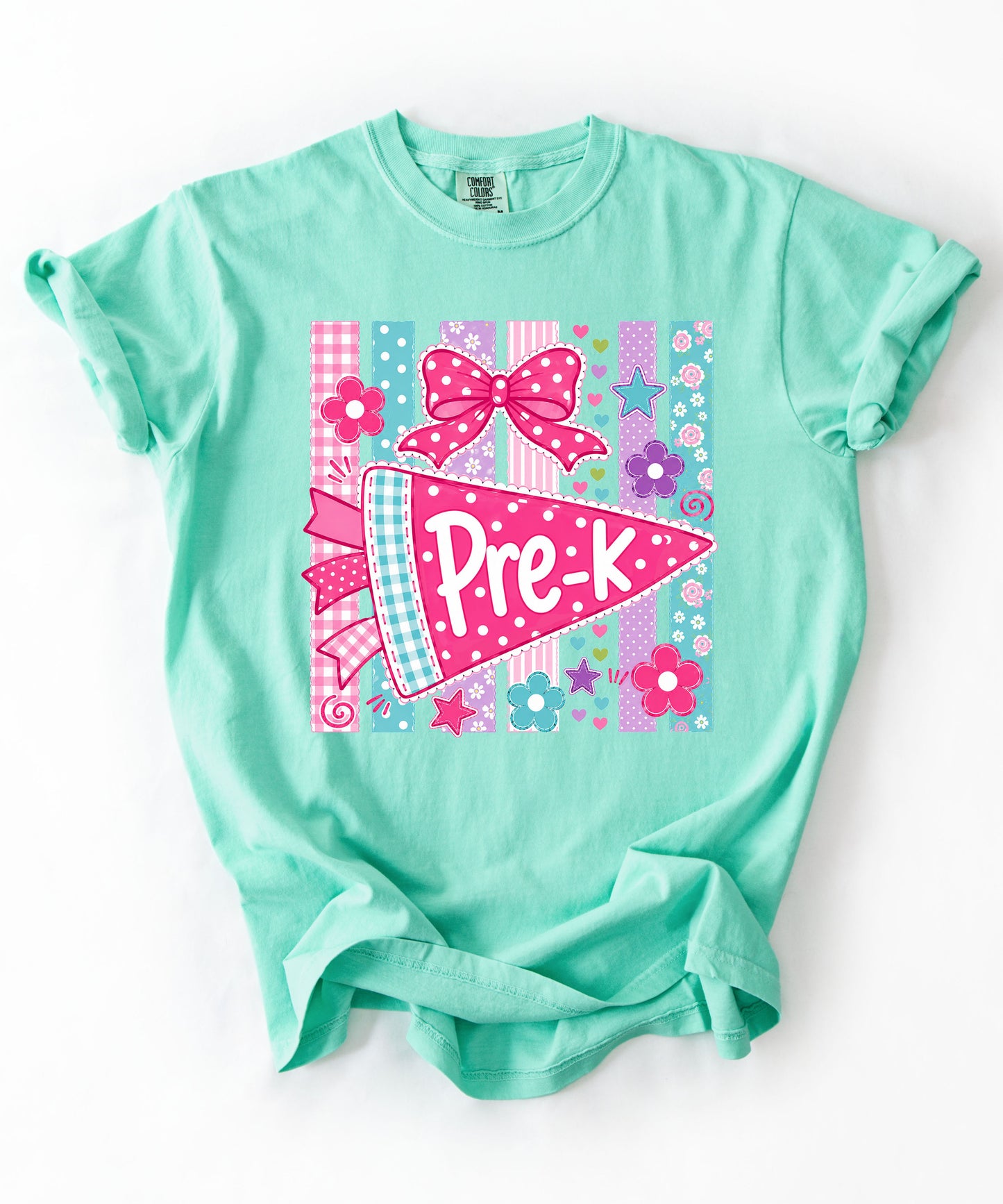Pre-K Pennant Tee in Island Reef — garment-dyed preschool teacher shirt with pink pennant graphic