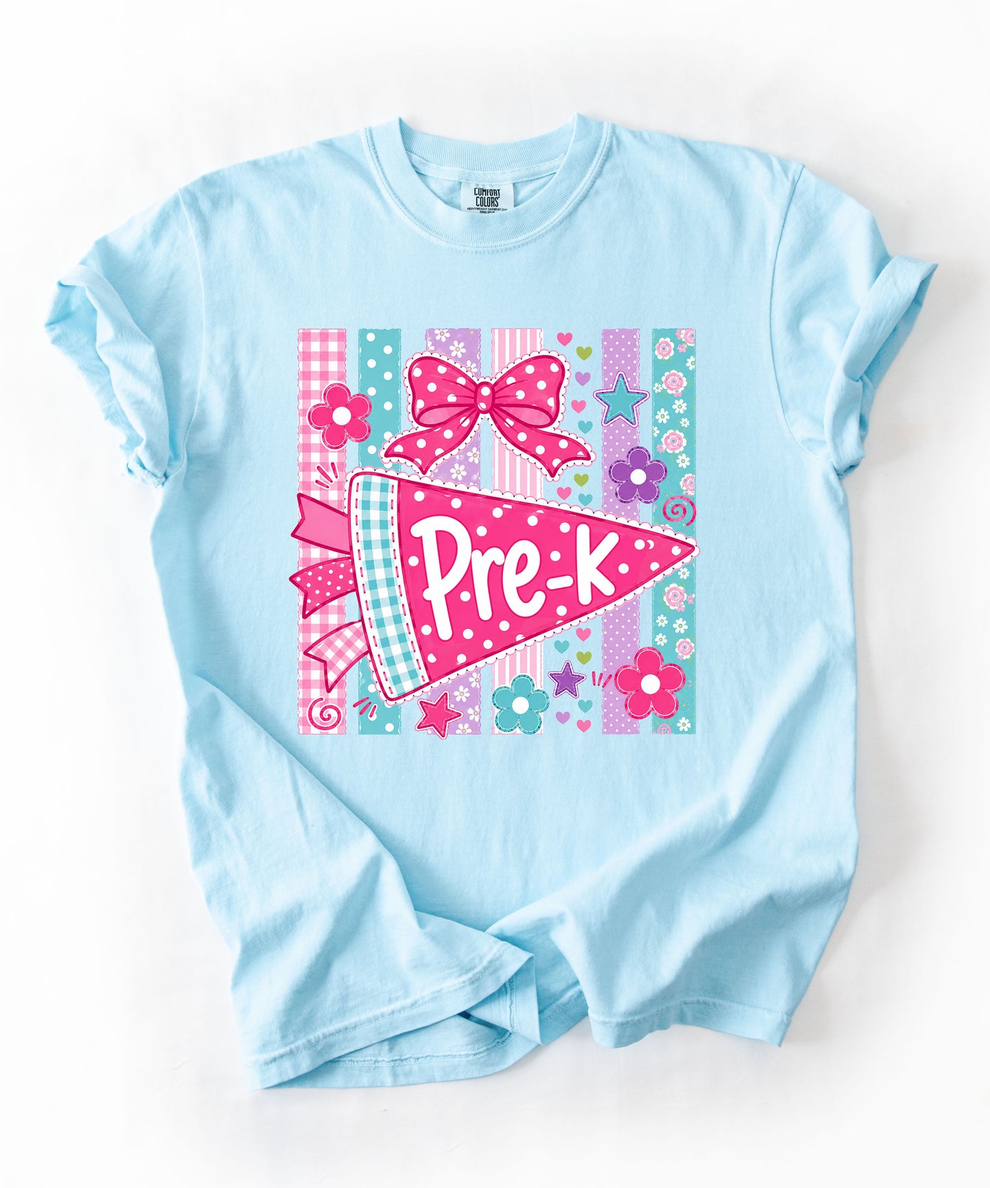Pre-K Pennant Tee in Chambray — garment-dyed preschool teacher shirt with pink pennant graphic