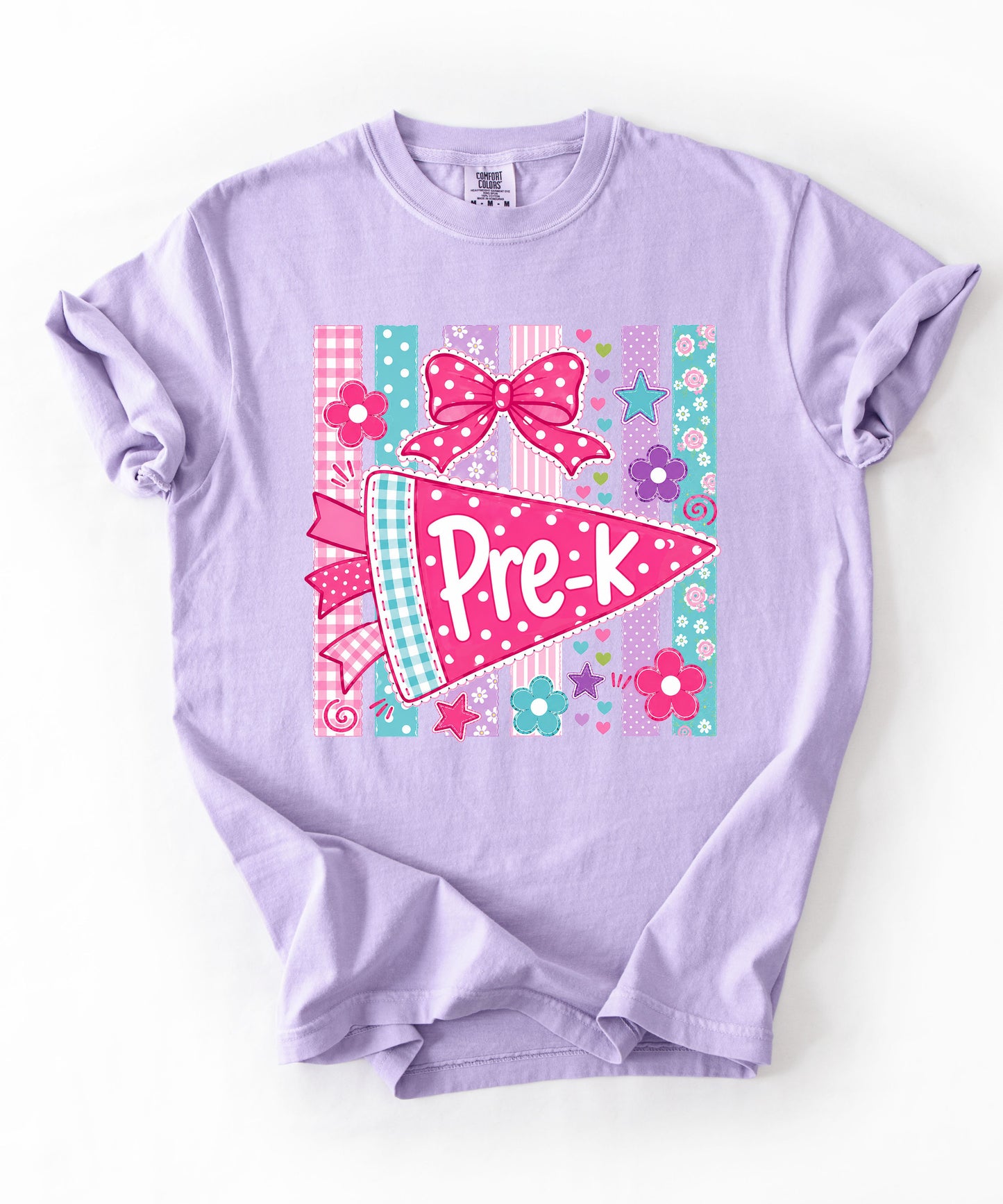 Pre-K Pennant Tee in wiolet — garment-dyed preschool teacher shirt with pink pennant graphic