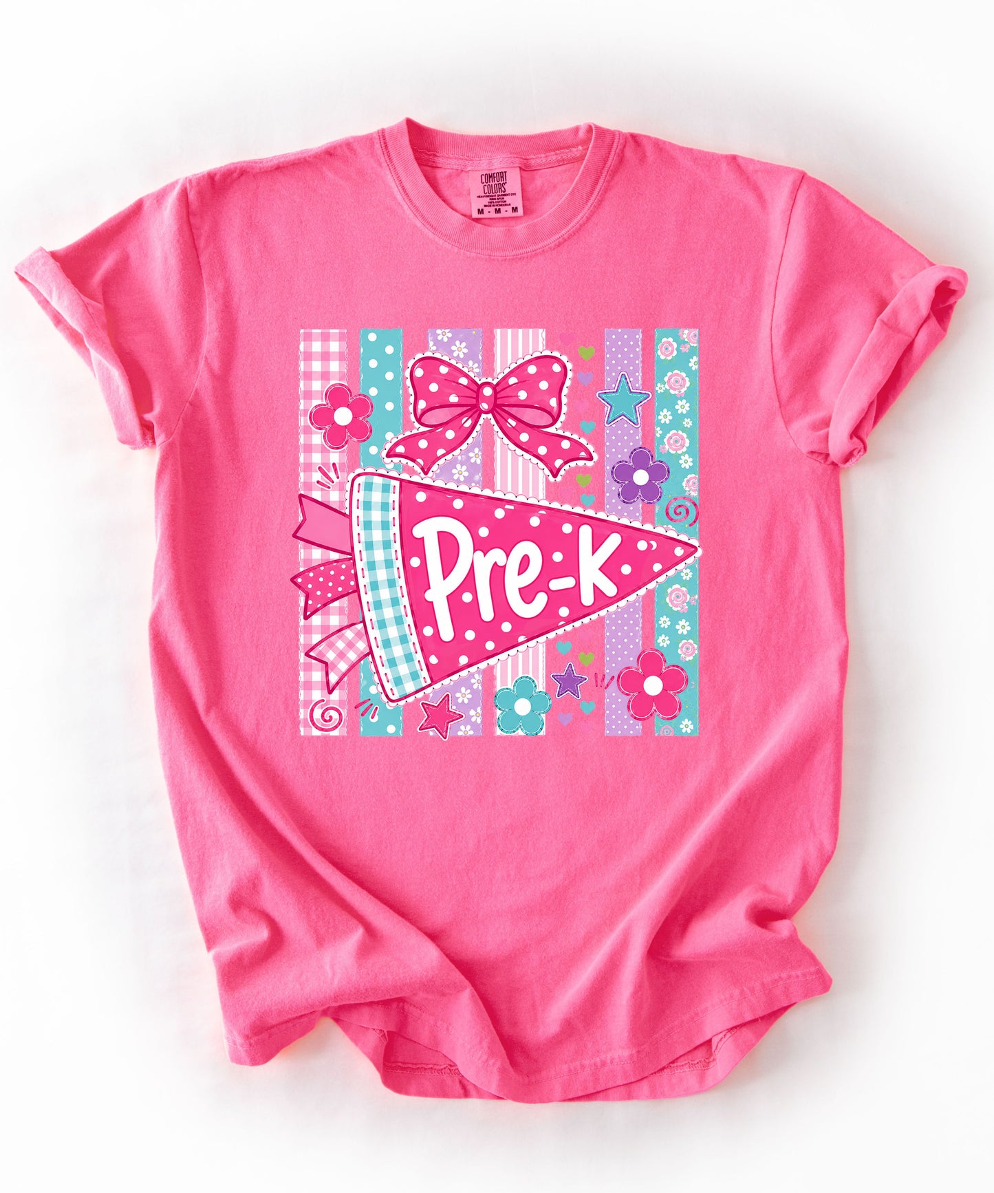 Pre-K Pennant Tee in Neon Pink — garment-dyed preschool teacher shirt with pink pennant graphic