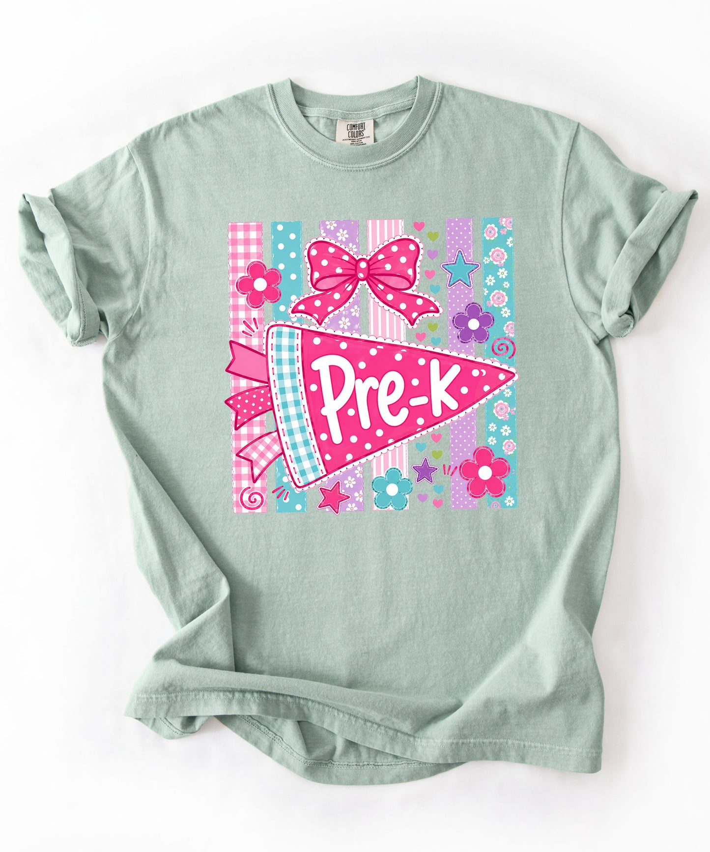 Pre-K Pennant Tee in Bay — garment-dyed preschool teacher shirt with pink pennant graphic