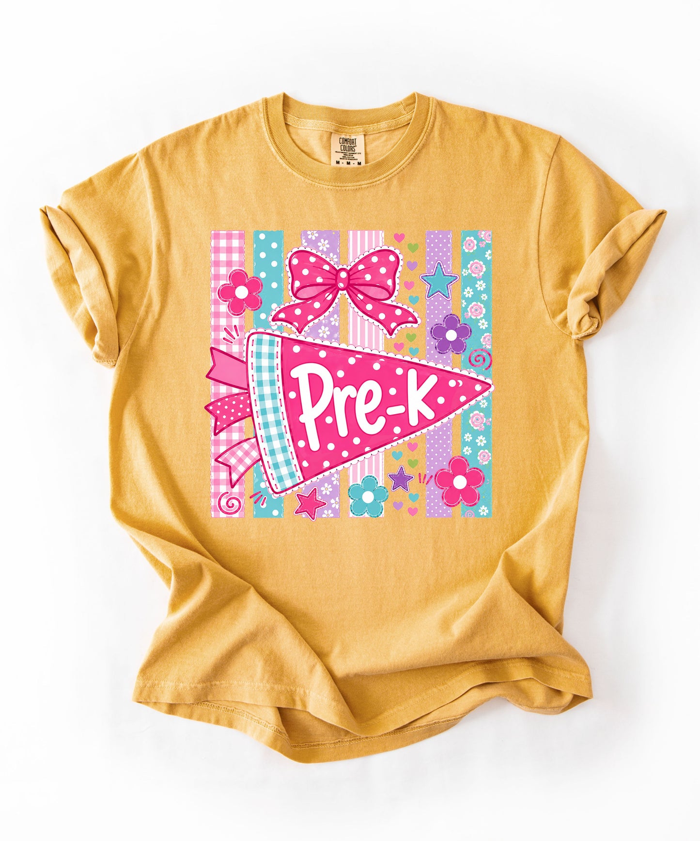 Pre-K Pennant Tee in Mustard — garment-dyed preschool teacher shirt with pink pennant graphic