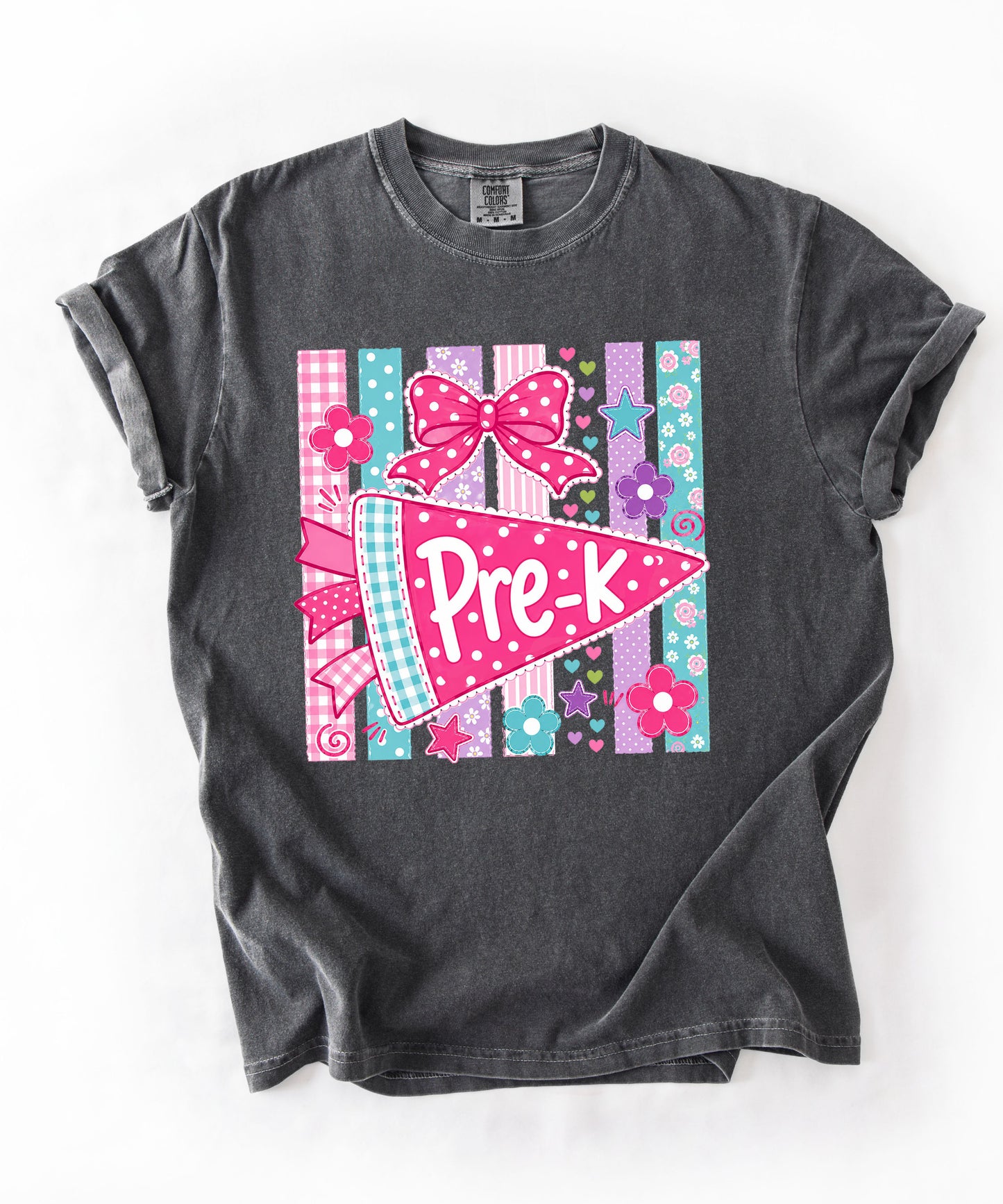 Pre-K Pennant Tee in Pepper — garment-dyed preschool teacher shirt with pink pennant graphic
