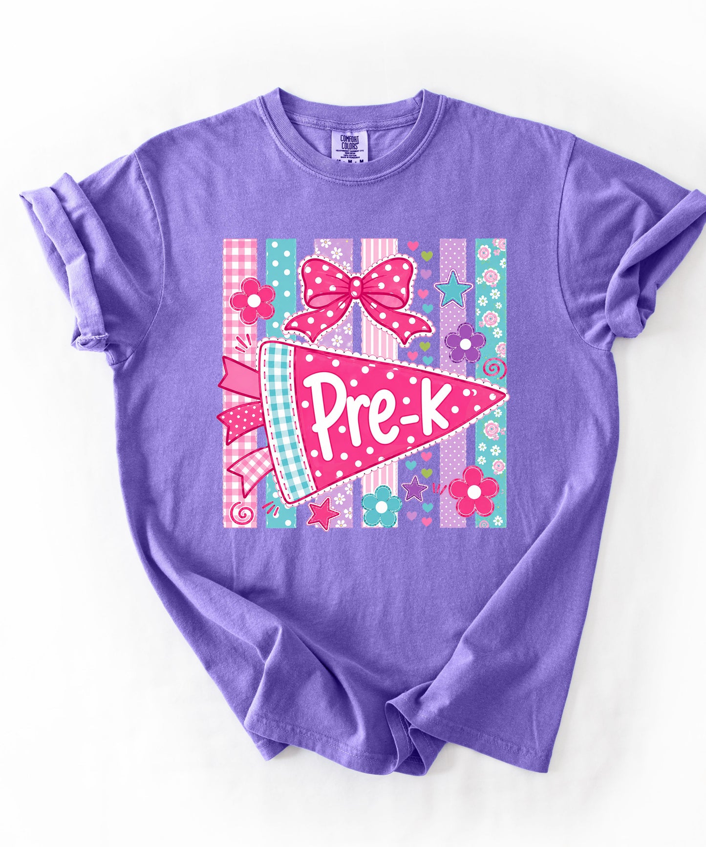 Pre-K Pennant Tee in Violet — garment-dyed preschool teacher shirt with pink pennant graphic