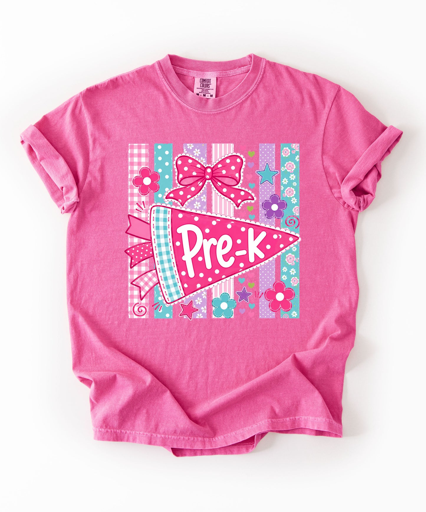 Pre-K Pennant Tee in Crunchberry — garment-dyed preschool teacher shirt with pink pennant graphic