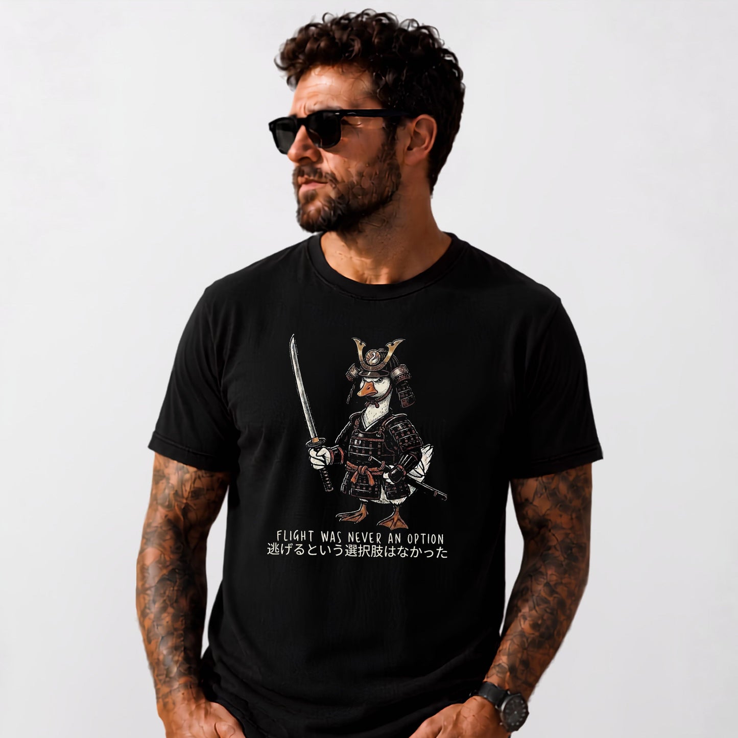 Silly Goose Samurai T-Shirt in Black — Flight Was Never an Option graphic tee with Japanese text, garment-dyed heavyweight cotton