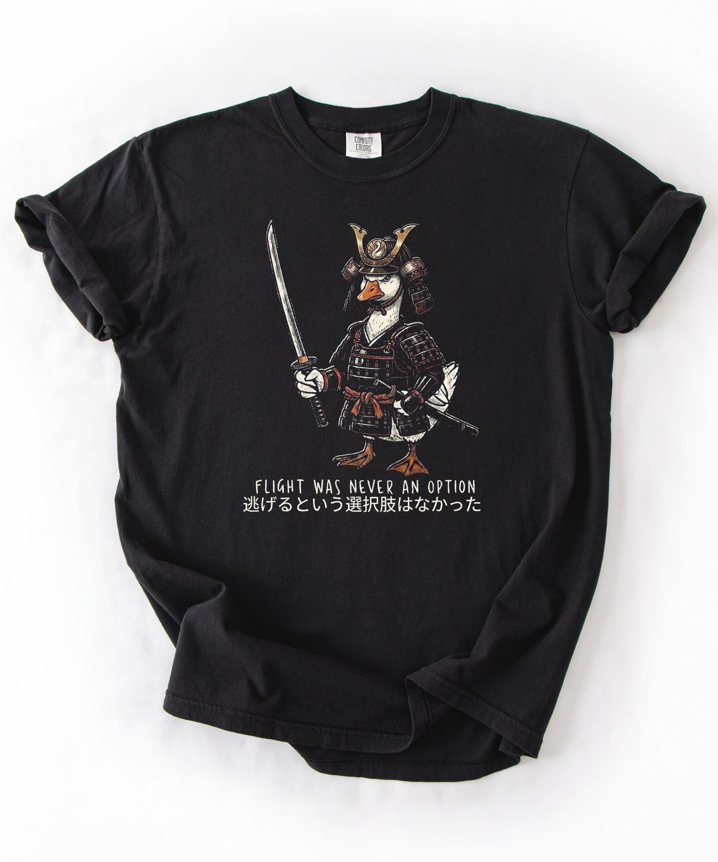 Silly Goose Samurai T-Shirt in Black — Flight Was Never an Option graphic tee with Japanese text, garment-dyed heavyweight cotton