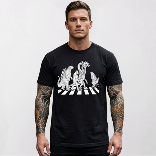 Abbey Road monster parody graphic tee in black — Kaiju, Bigfoot, Hydra and Queen Bee crossing the street