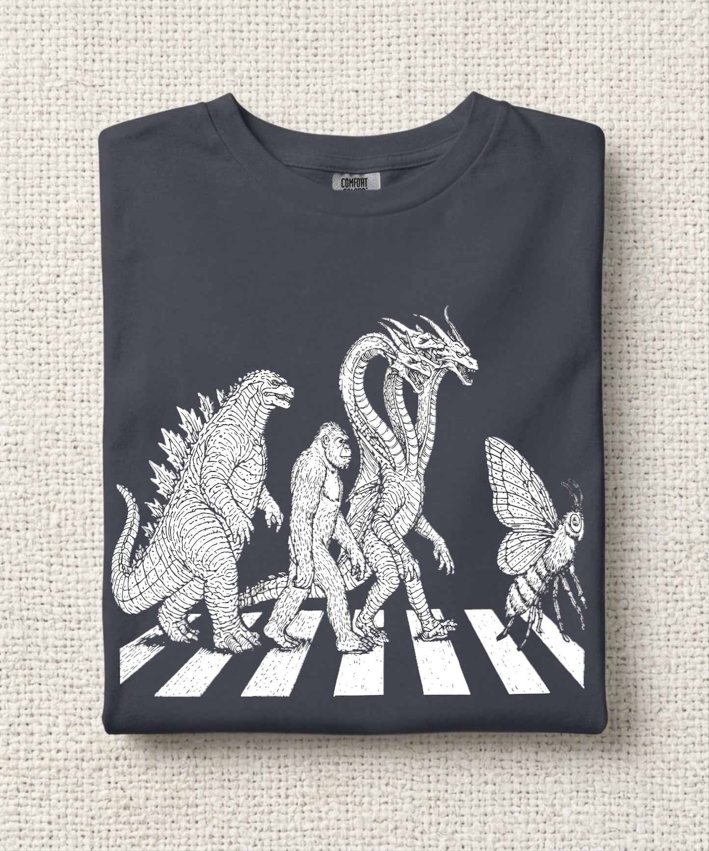 Abbey Road monster parody graphic tee in Navy — Kaiju, Bigfoot, Hydra and Queen Bee crossing the street