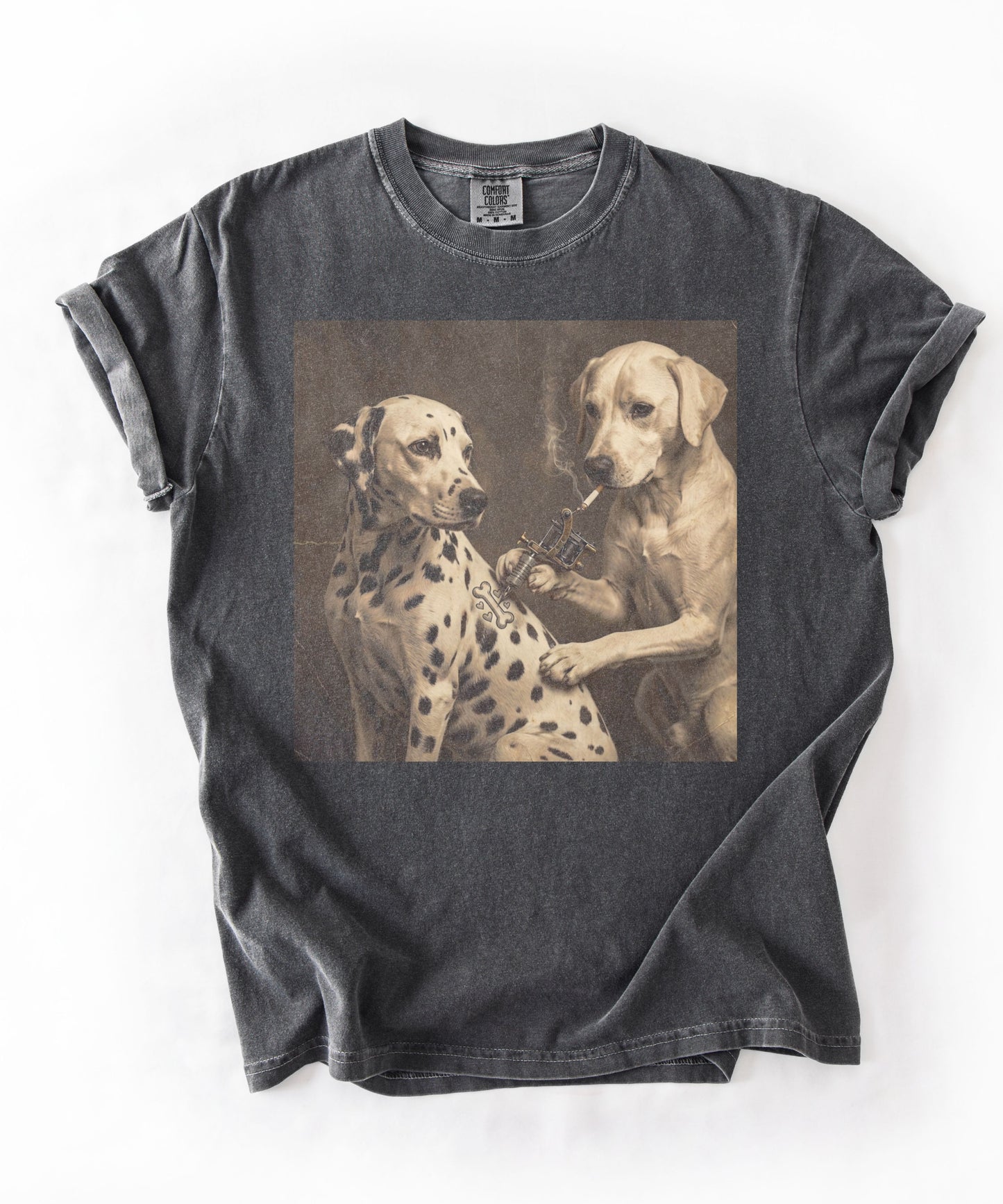 Comfort Colors retro Dalmatian tattoo artist t-shirt in pepper — funny dog meme graphic tee flat lay
