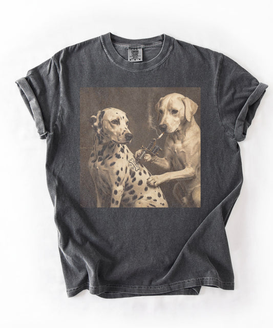 Comfort Colors retro Dalmatian tattoo artist t-shirt in pepper — funny dog meme graphic tee flat lay