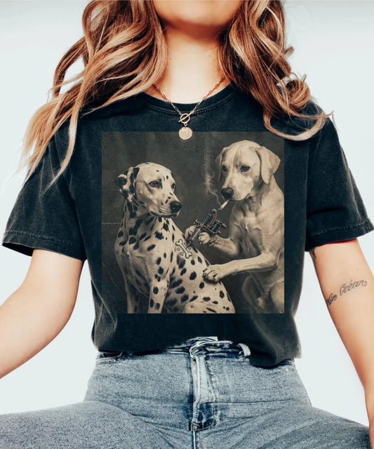 Retro Dalmatian tattoo artist graphic tee in black — Comfort Colors funny dog meme shirt worn by woman