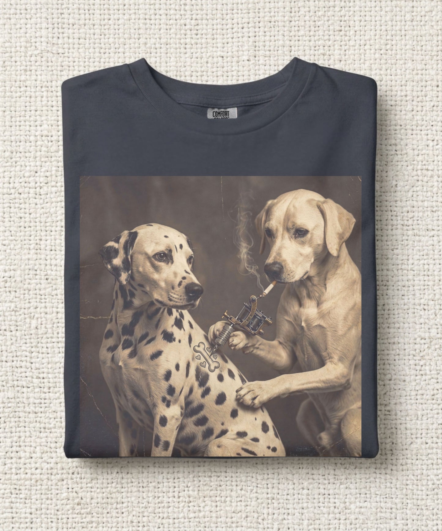 Comfort Colors retro Dalmatian tattoo artist t-shirt in Navy — funny dog meme graphic tee flat lay