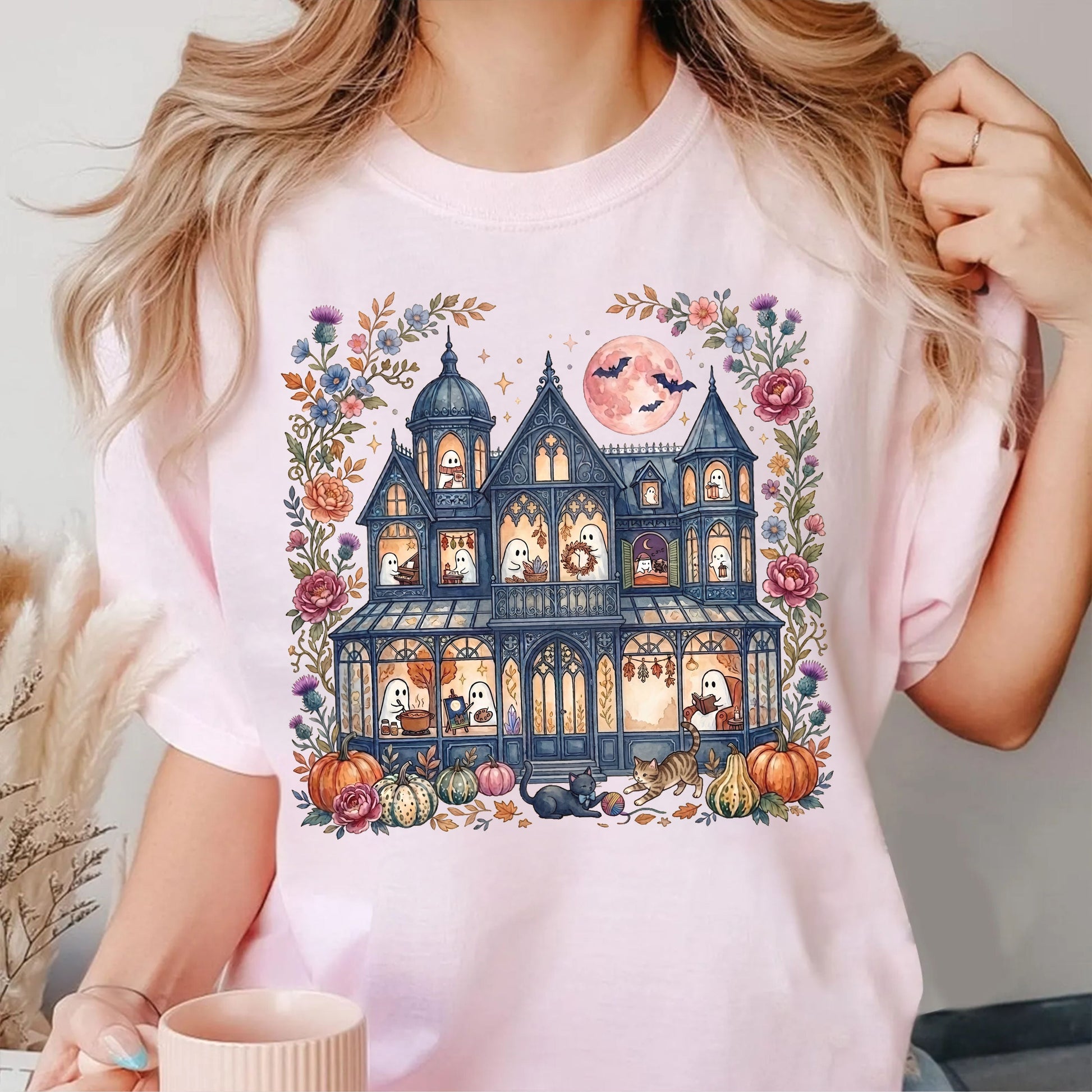Haunted Mansion Halloween T-Shirt in Blossom — Victorian ghost house with pumpkins, fall florals & full moon graphic tee