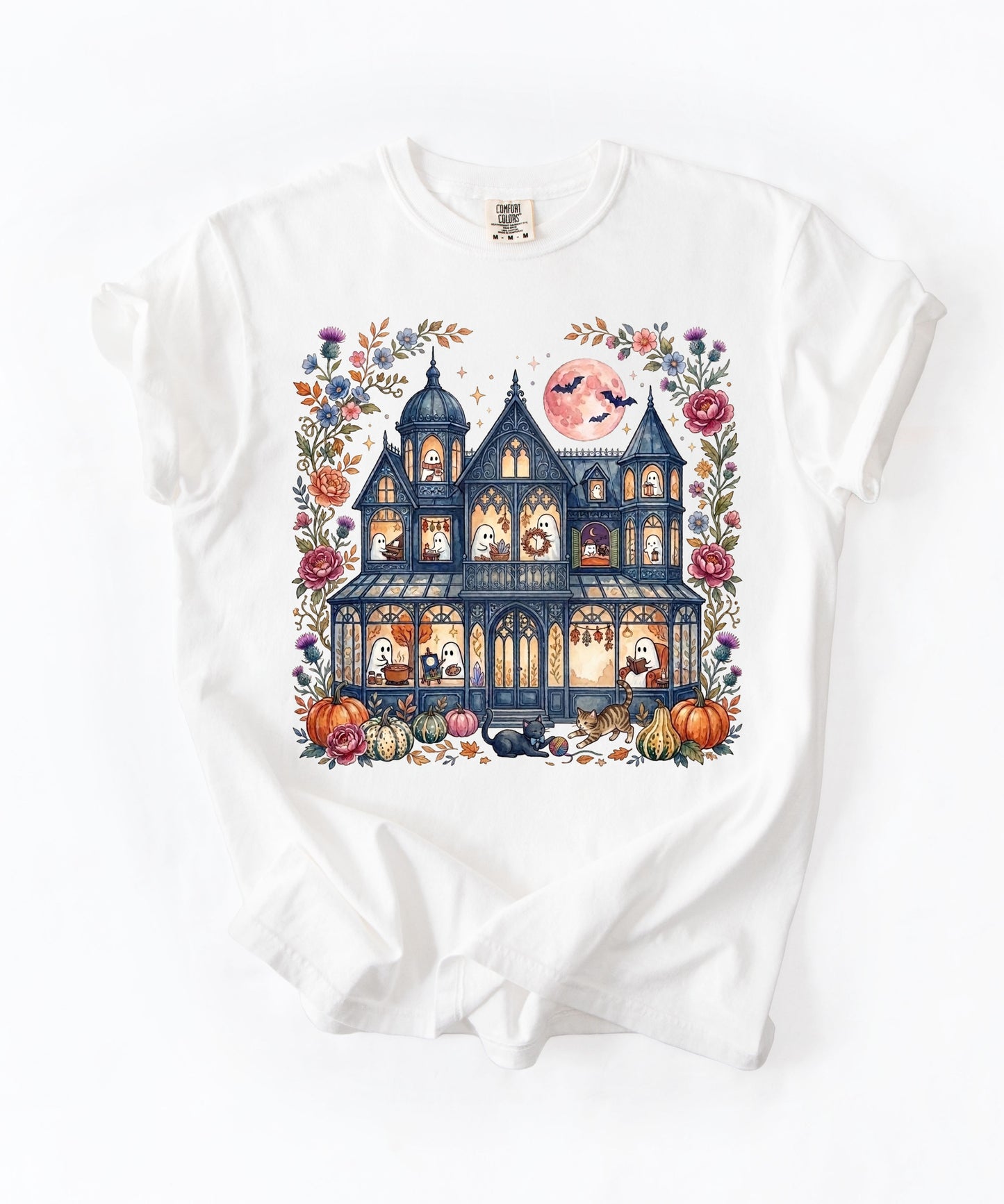 Haunted Mansion Halloween T-Shirt in White — Victorian ghost house with pumpkins, fall florals & full moon graphic tee