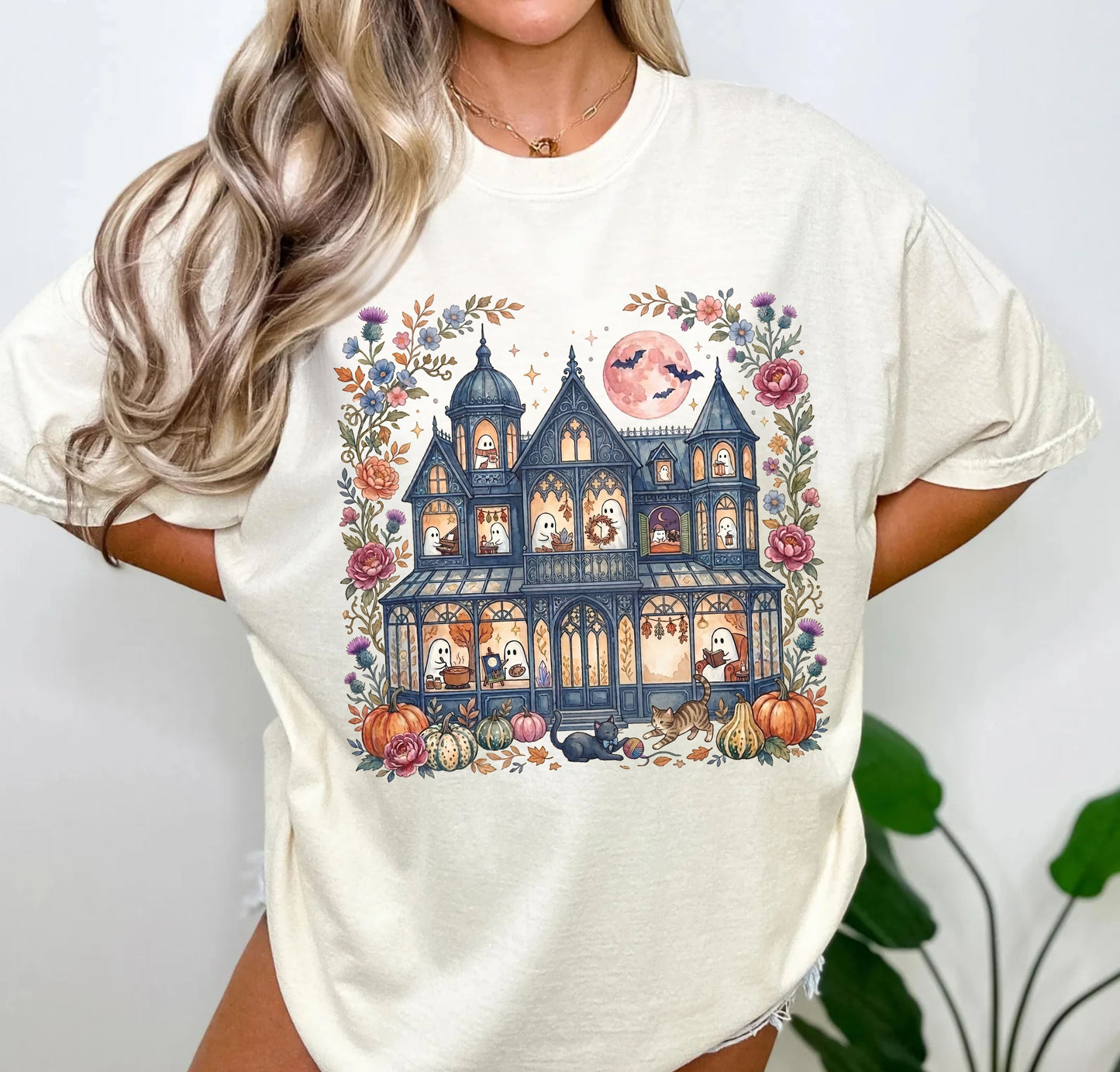 Haunted Mansion Halloween T-Shirt in Ivory — Victorian ghost house with pumpkins, fall florals & full moon graphic tee