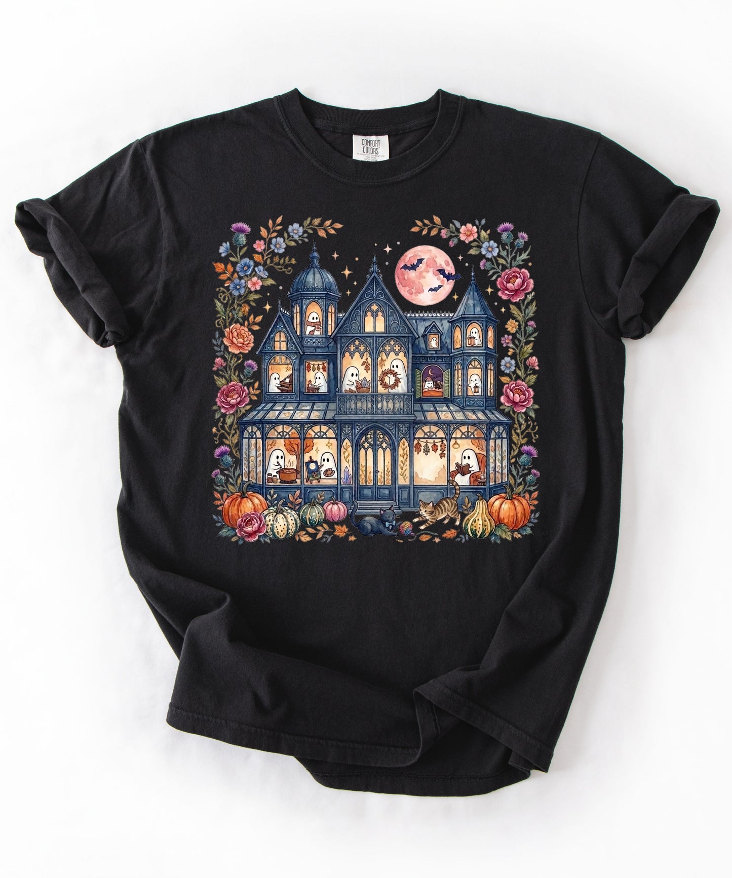 Haunted Mansion Halloween T-Shirt in Black — Victorian ghost house with pumpkins, fall florals & full moon graphic tee