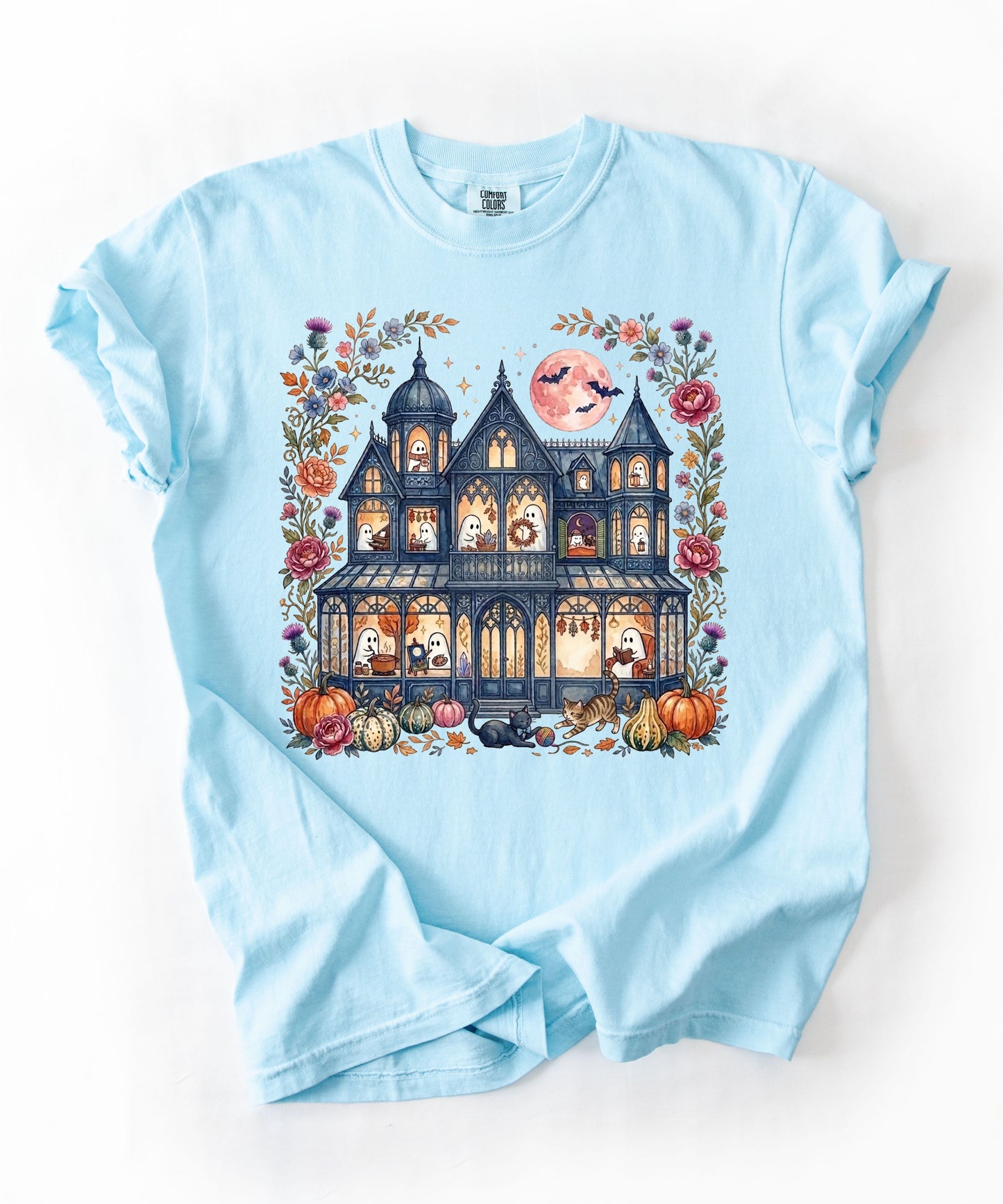 Haunted Mansion Halloween T-Shirt in Chambray — Victorian ghost house with pumpkins, fall florals & full moon graphic tee