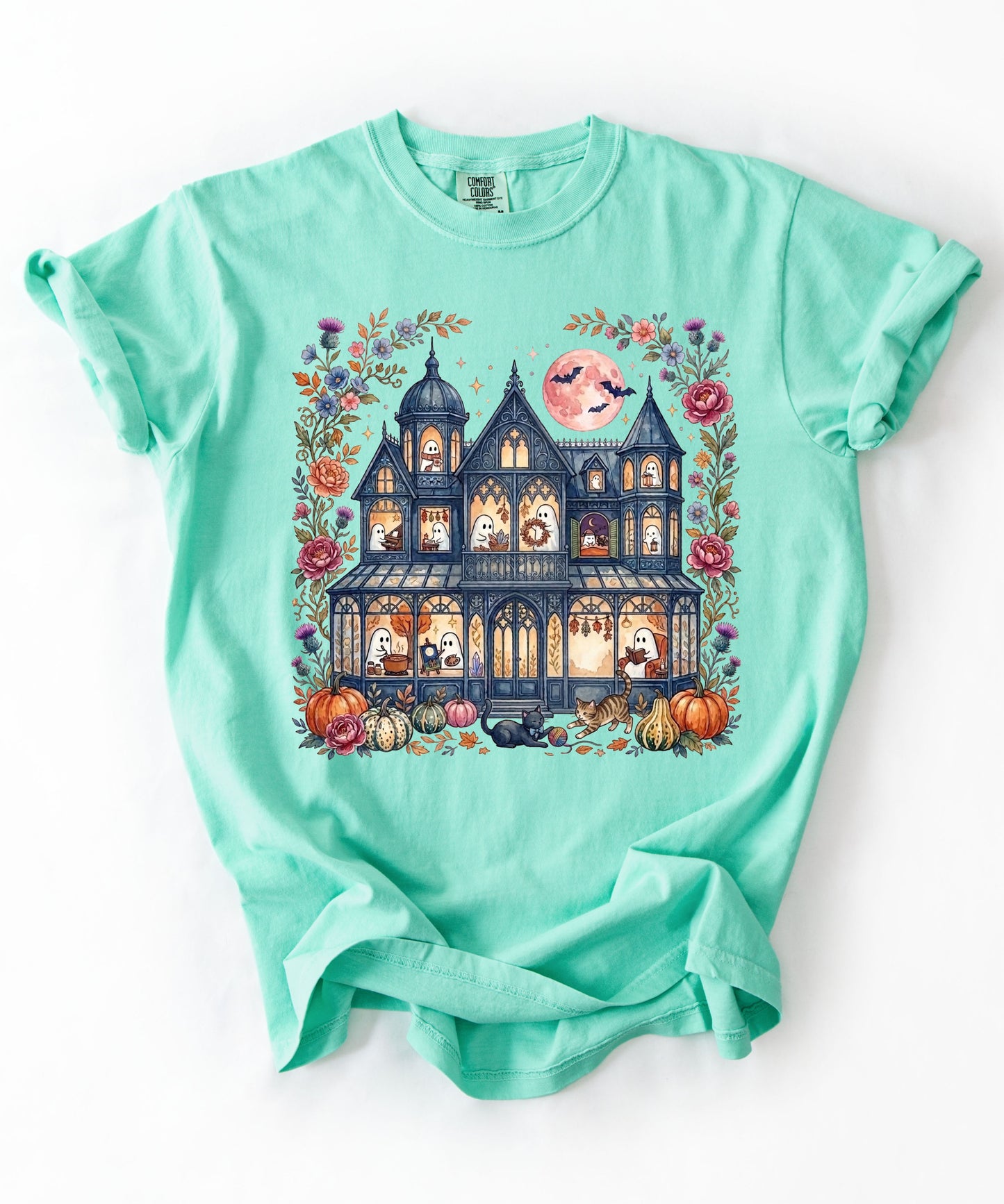 Haunted Mansion Halloween T-Shirt in Island Reef— Victorian ghost house with pumpkins, fall florals & full moon graphic tee