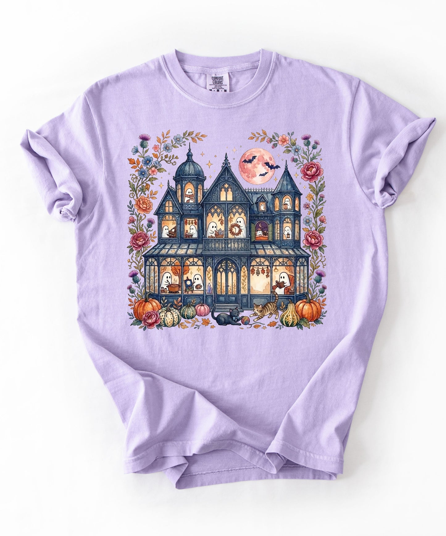 Haunted Mansion Halloween T-Shirt in Orchid — Victorian ghost house with pumpkins, fall florals & full moon graphic tee