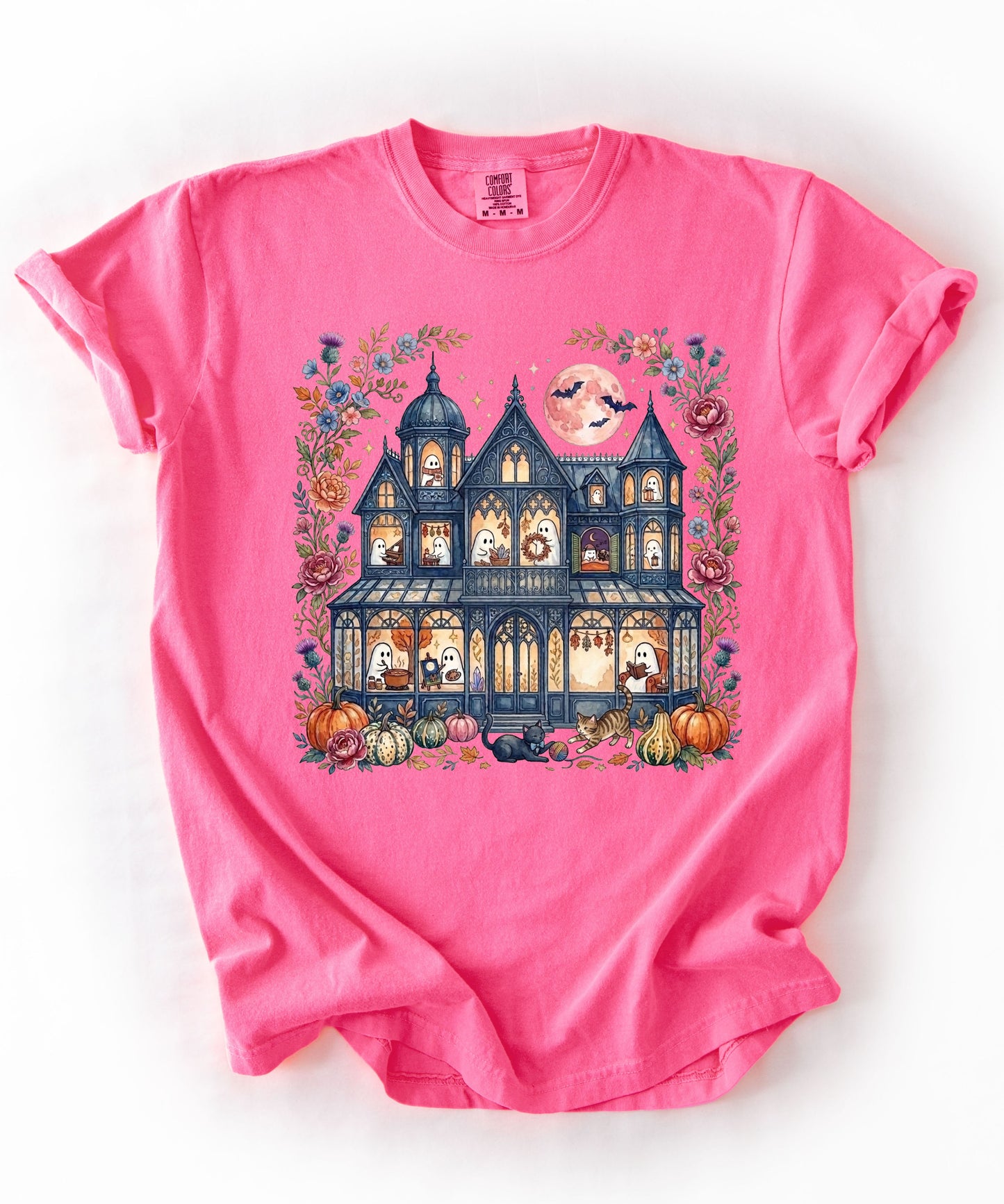 Haunted Mansion Halloween T-Shirt in Neon Pink — Victorian ghost house with pumpkins, fall florals & full moon graphic tee