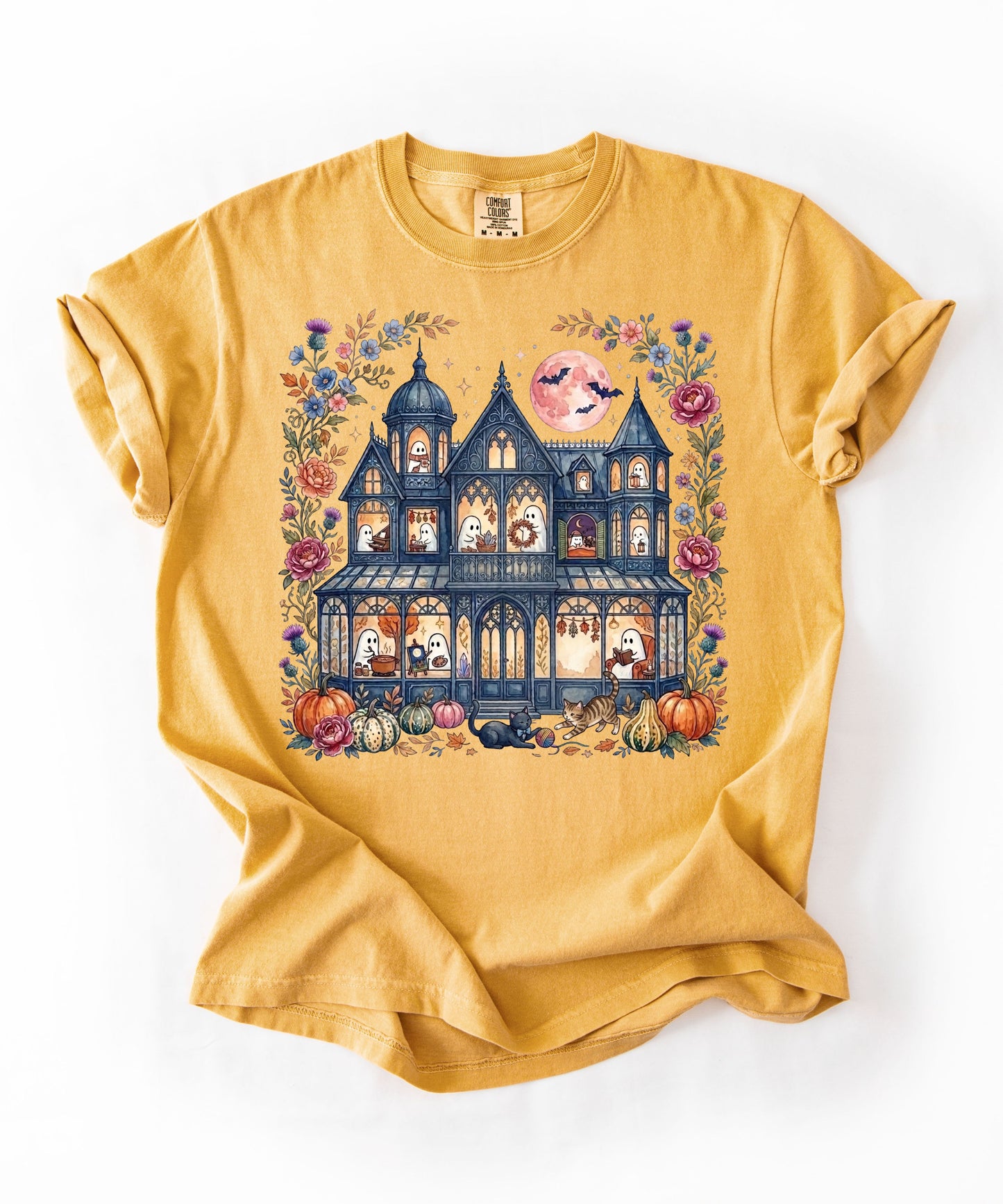 Haunted Mansion Halloween T-Shirt in Mustard — Victorian ghost house with pumpkins, fall florals & full moon graphic tee