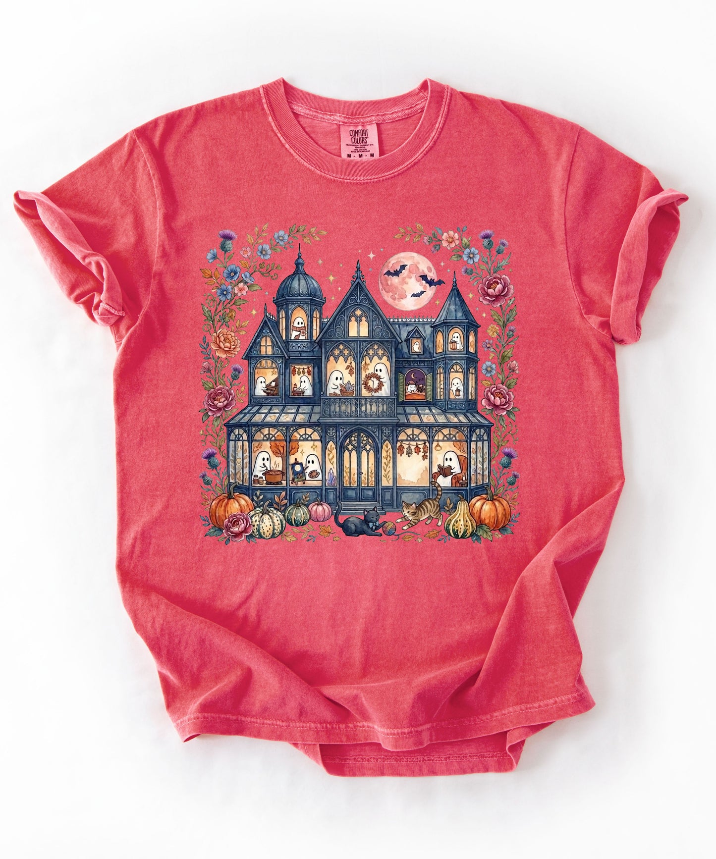 Haunted Mansion Halloween T-Shirt in Crunchberry — Victorian ghost house with pumpkins, fall florals & full moon graphic tee