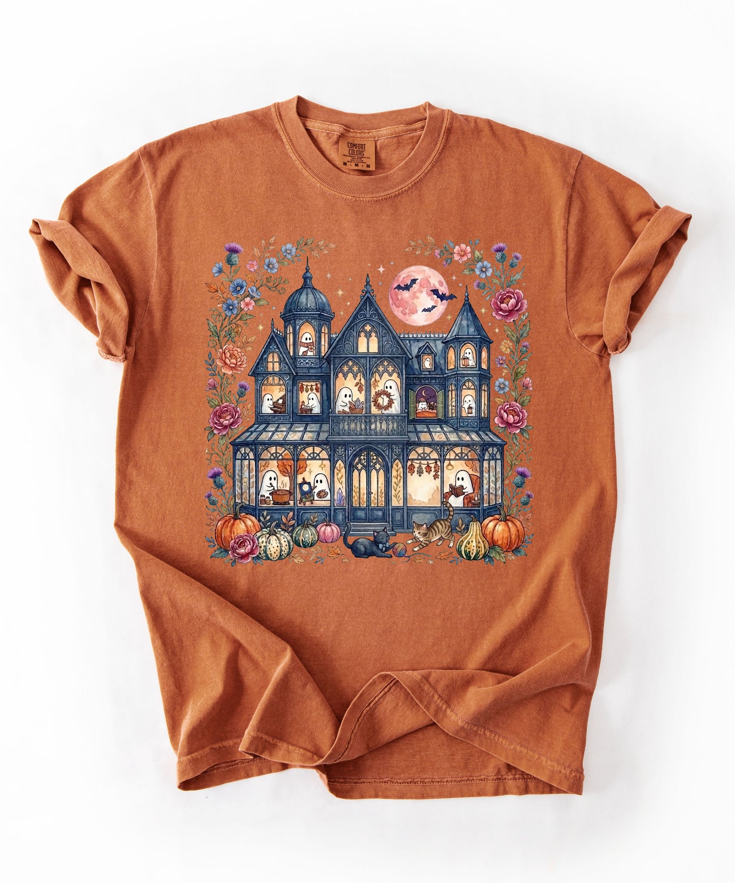 Haunted Mansion Halloween T-Shirt in Yam — Victorian ghost house with pumpkins, fall florals & full moon graphic tee