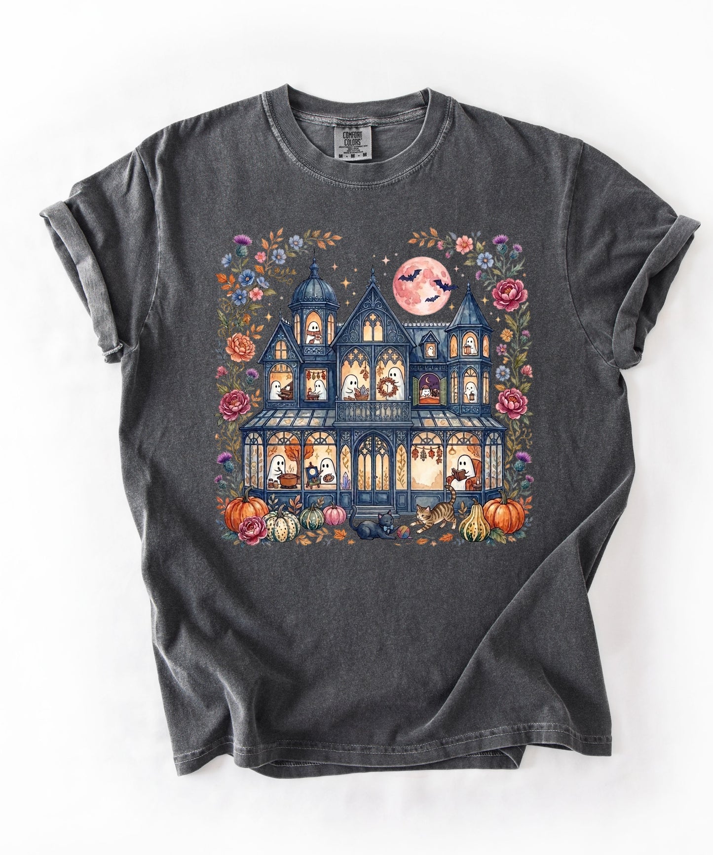 Haunted Mansion Halloween T-Shirt in Pepper — Victorian ghost house with pumpkins, fall florals & full moon graphic tee