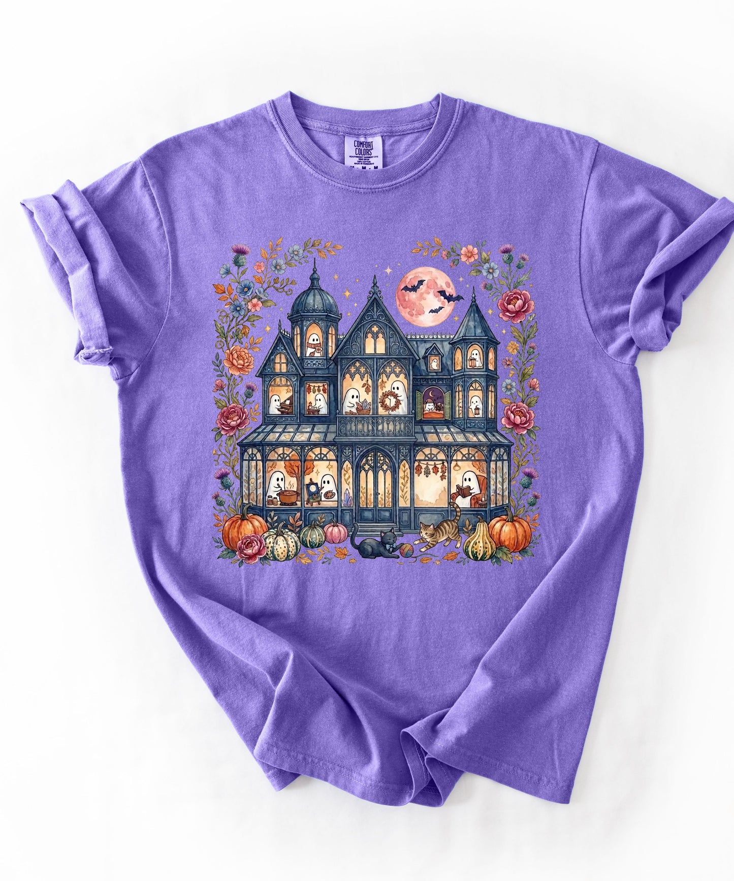 Haunted Mansion Halloween T-Shirt in Violet — Victorian ghost house with pumpkins, fall florals & full moon graphic tee