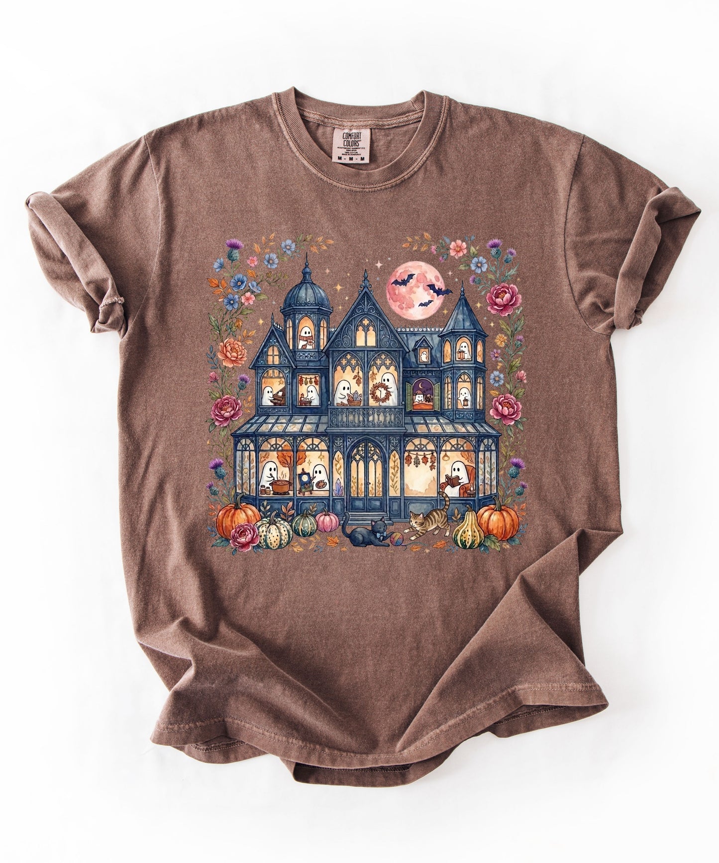 Haunted Mansion Halloween T-Shirt in Espresso — Victorian ghost house with pumpkins, fall florals & full moon graphic tee