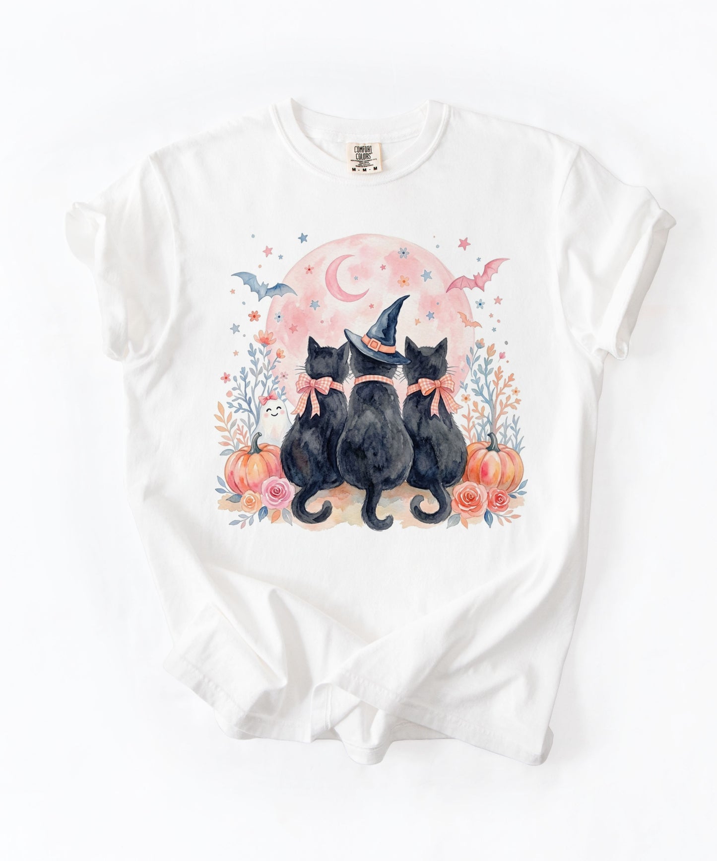 Witchy Black Cats Pumpkin Tee in White — watercolor Halloween cat shirt with witch hat, blush moon, pumpkins & roses