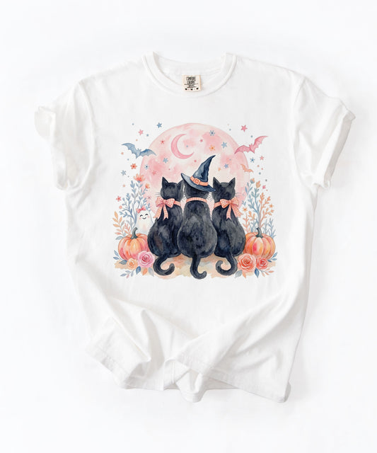 Witchy Black Cats Pumpkin Tee in White — watercolor Halloween cat shirt with witch hat, blush moon, pumpkins & roses