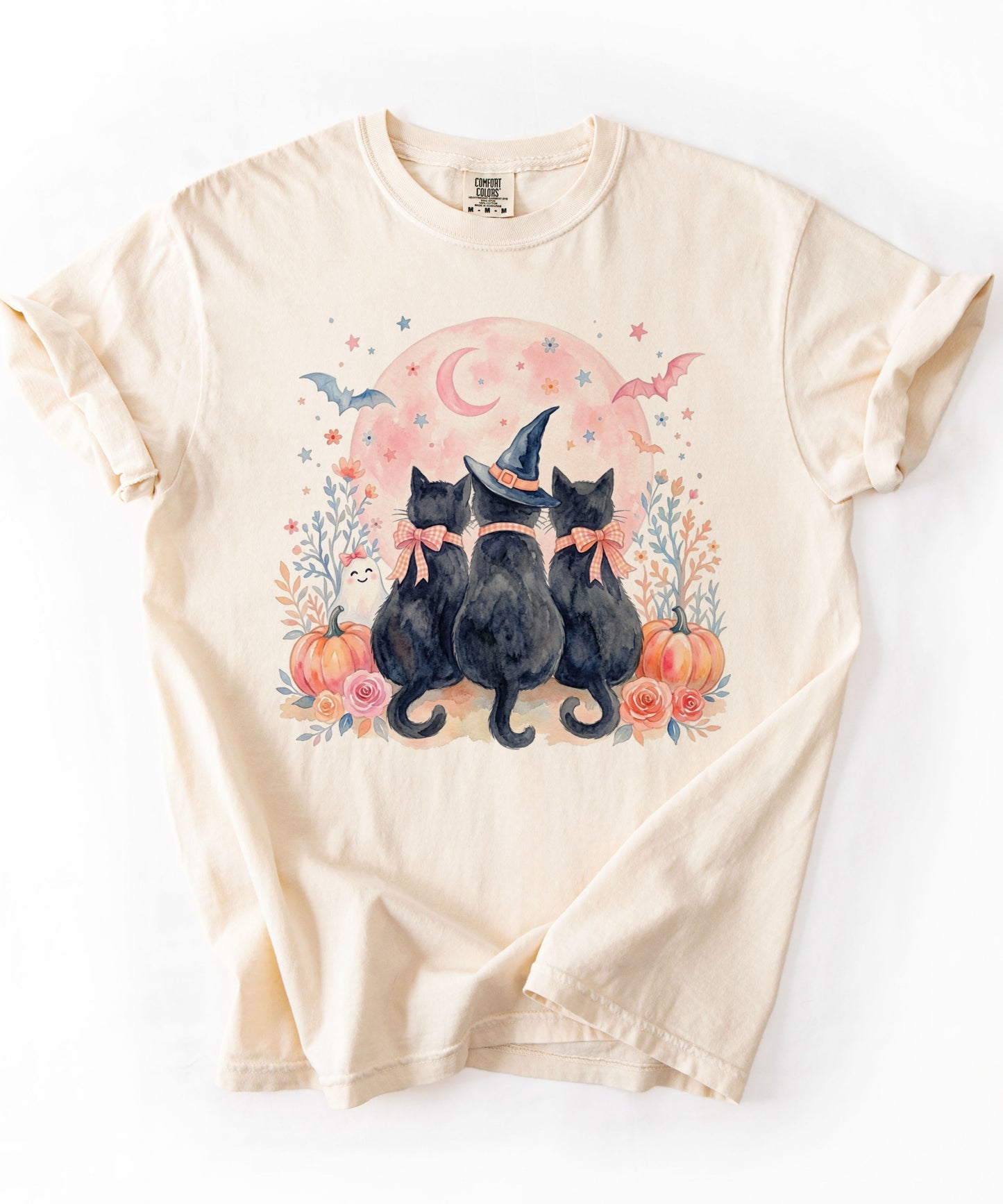 Witchy Black Cats Pumpkin Tee in Ivory — watercolor Halloween cat shirt with witch hat, blush moon, pumpkins & roses