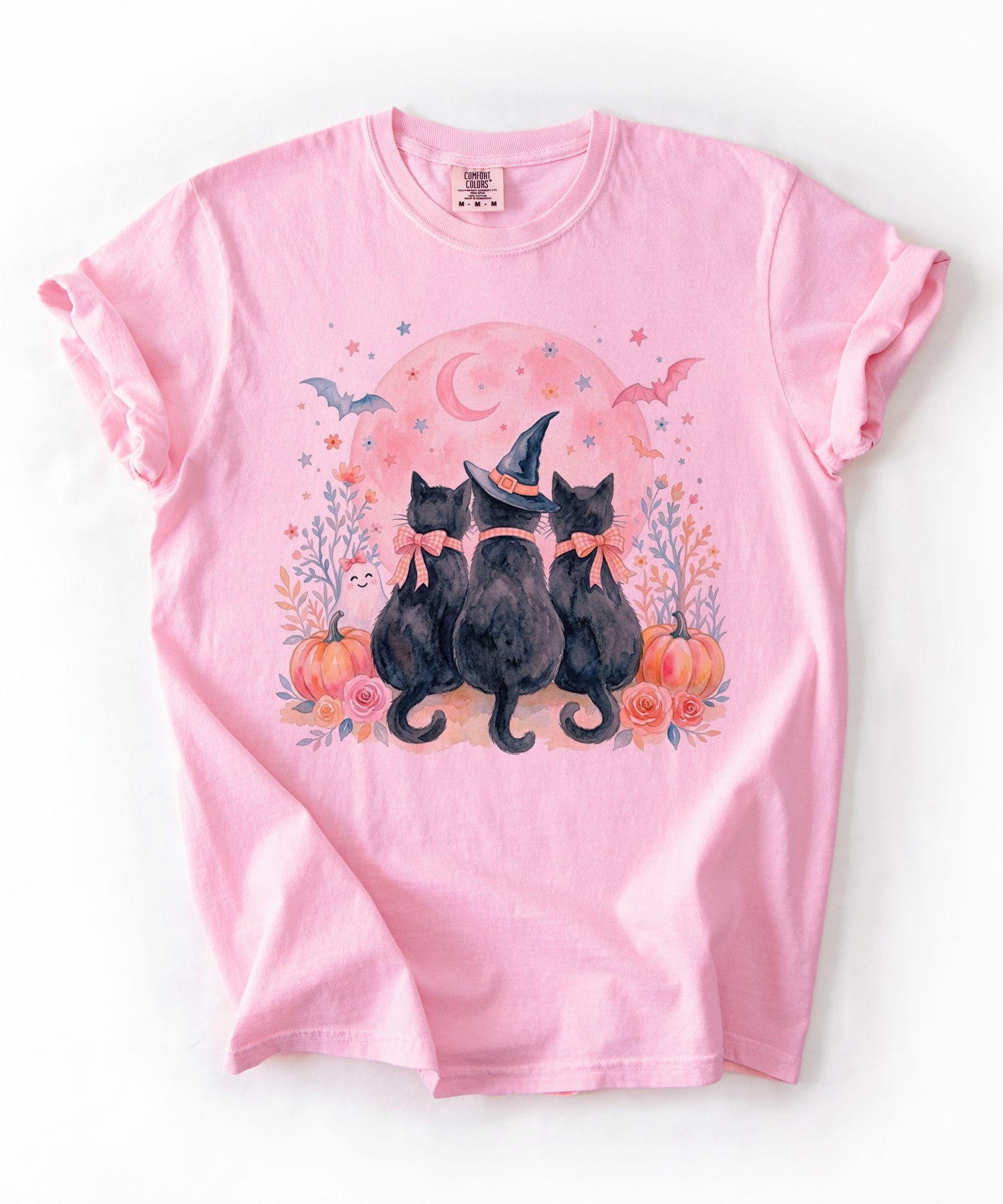 Witchy Black Cats Pumpkin Tee in Blossom— watercolor Halloween cat shirt with witch hat, blush moon, pumpkins & roses