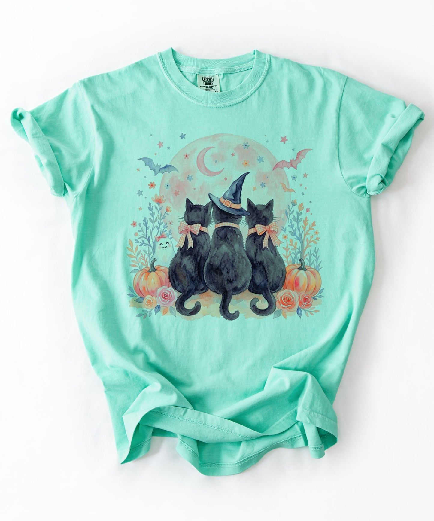 Witchy Black Cats Pumpkin Tee in Island Reef — watercolor Halloween cat shirt with witch hat, blush moon, pumpkins & roses