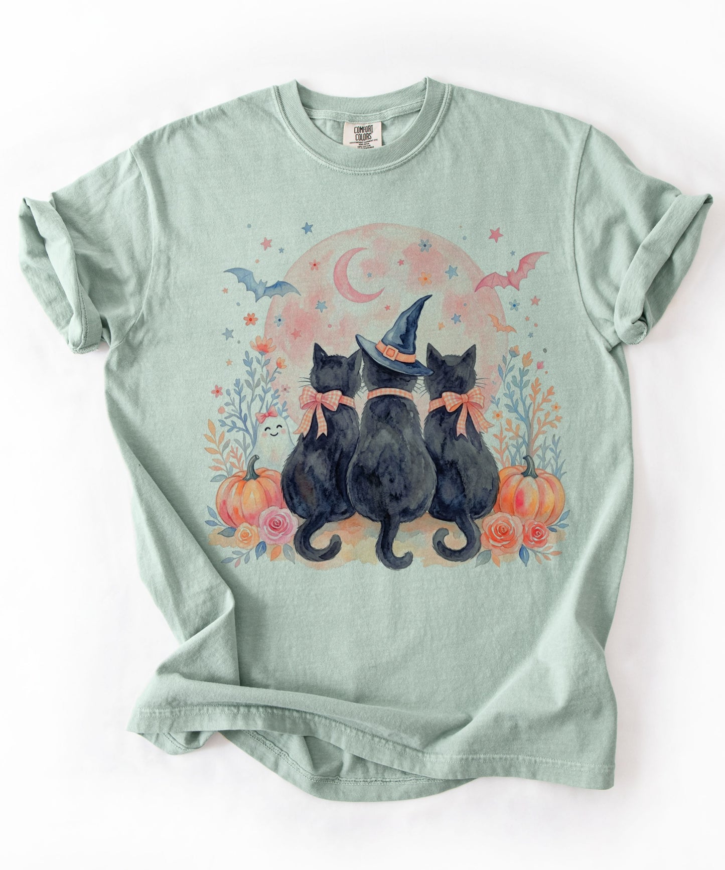 Witchy Black Cats Pumpkin Tee in Bay— watercolor Halloween cat shirt with witch hat, blush moon, pumpkins & roses