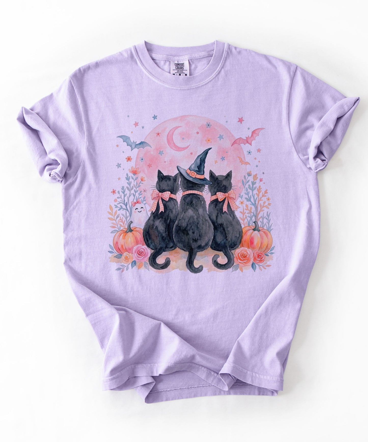 Witchy Black Cats Pumpkin Tee in Orchid— watercolor Halloween cat shirt with witch hat, blush moon, pumpkins & roses